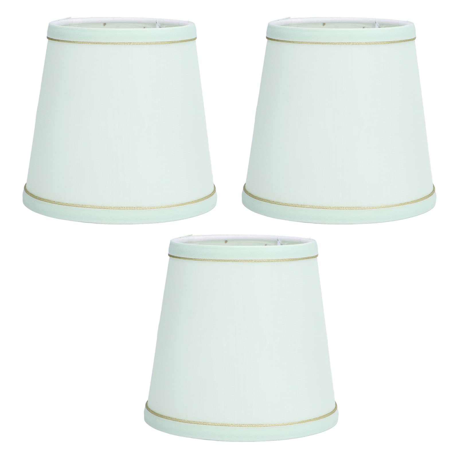 3 Pack Light Green Fabric Lamp Shades with Golden Trim, Clip-On E14 Bulb Lampshades - Nordic Style for Table Lamps, Wall Lights & Chandeliers (15x14x11cm) - Perfect for Living Room, Bedroom & Office Decor