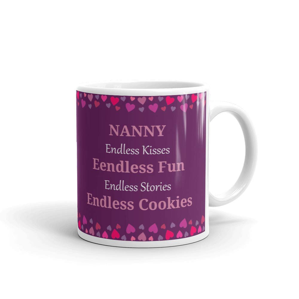 Funny Mother's Day Gift - 11 oz Ceramic Coffee Tea Mug with 'Nanny's Love is Endless Kisses' Design, Perfect for Office, Work & Home Use