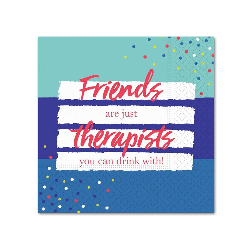 Friends Are Therapists Beverage Napkins - Colorful 5.5x5.5 Inch Paper Cocktail Napkins for Parties, Weddings & Social Gatherings - Fun Quote Design (Multicolor, 50 Count)