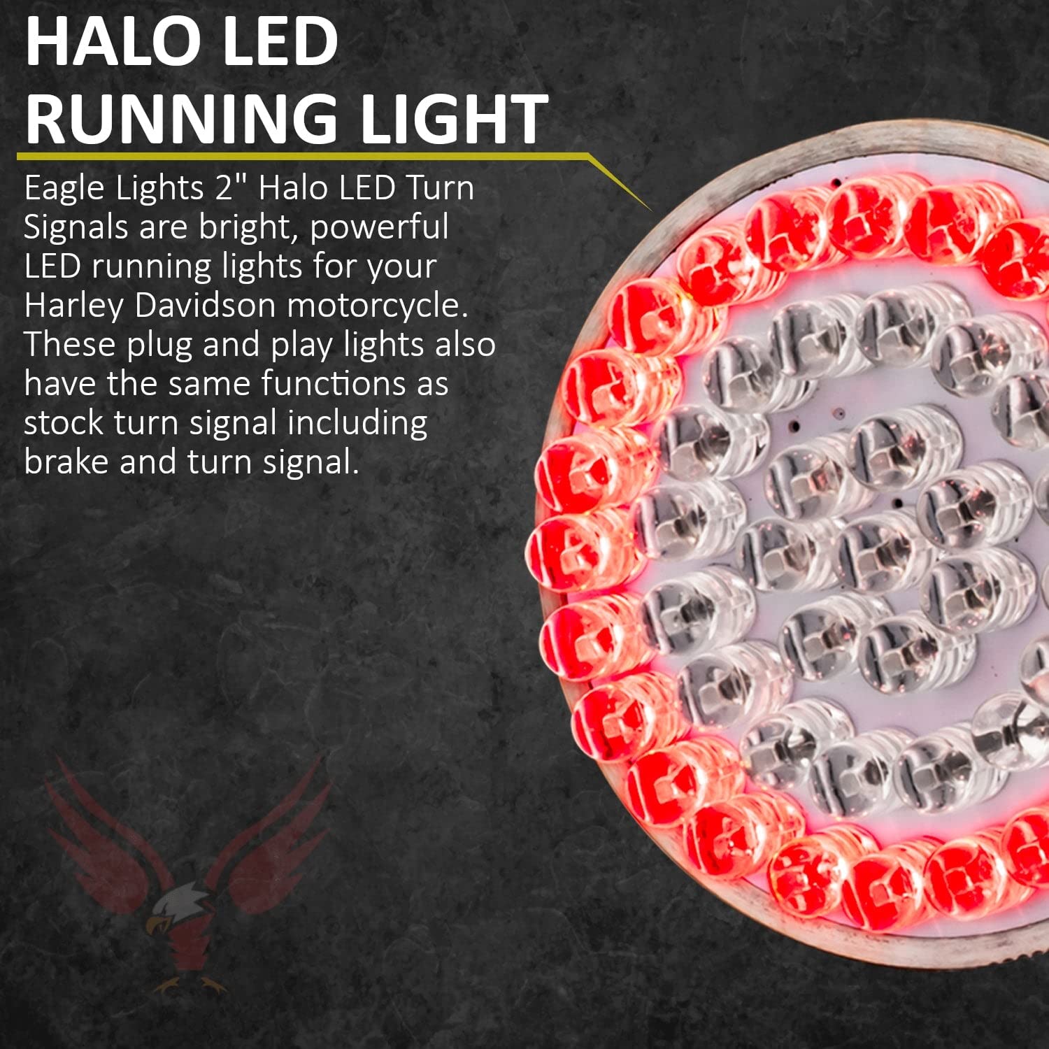 **Eagle Lights 8748RTS-C 2 Inch Rear LED Turn Signals with Halo Running & Brake Lights for Harley Davidson Motorcycles (Gen I / 1157 Base) - Red/Clear Lenses - Enhanced Visibility & Safety for Night Riding**