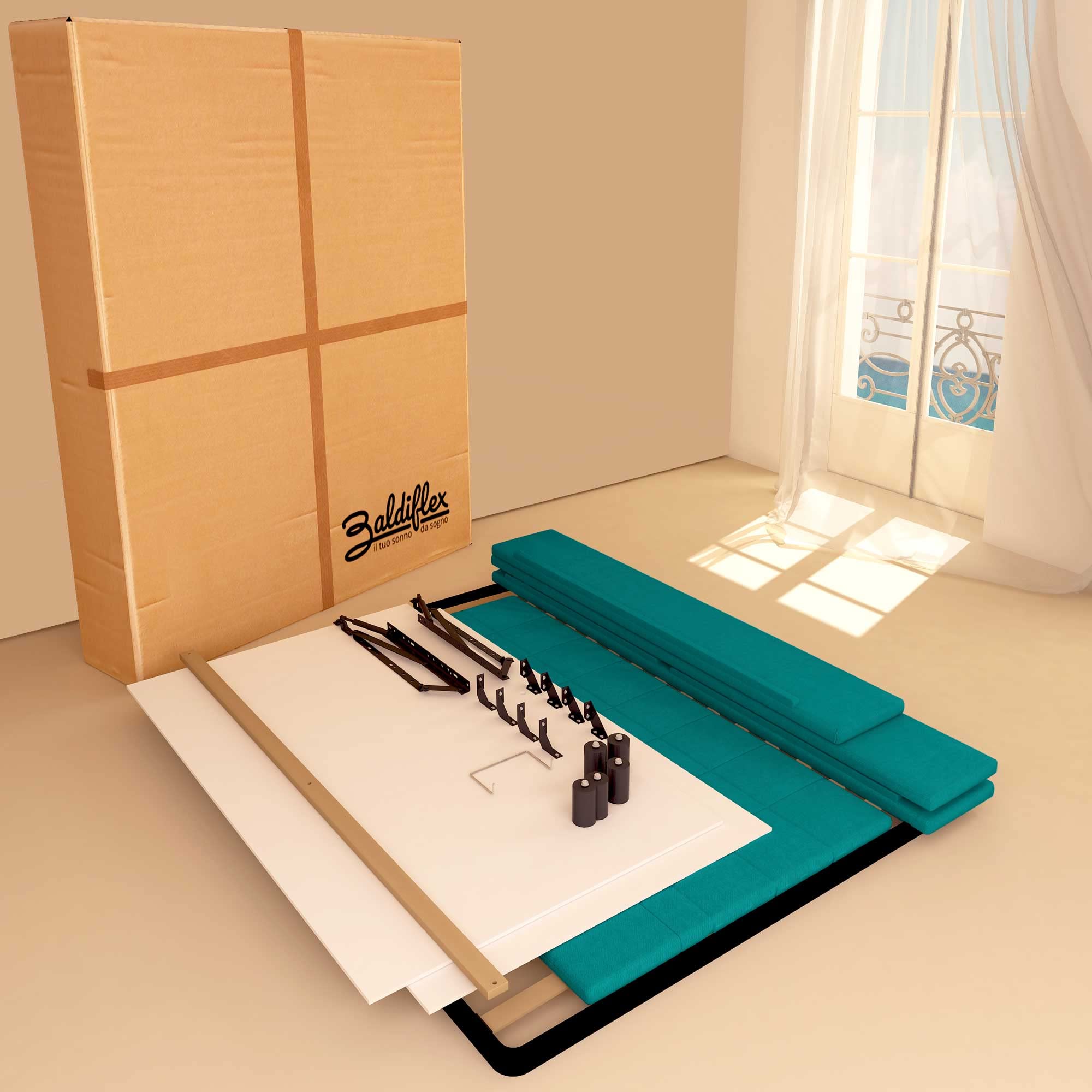 Baldiflex Square and Half Bed with Storage Container, Dublin Fabric Model, Slatted Base for Square and Half Mattresses, 120 x 190 cm, Elegant Headboard, Turquoise Color – Perfect for Small Bedrooms, Guest Rooms, and Modern Apartments