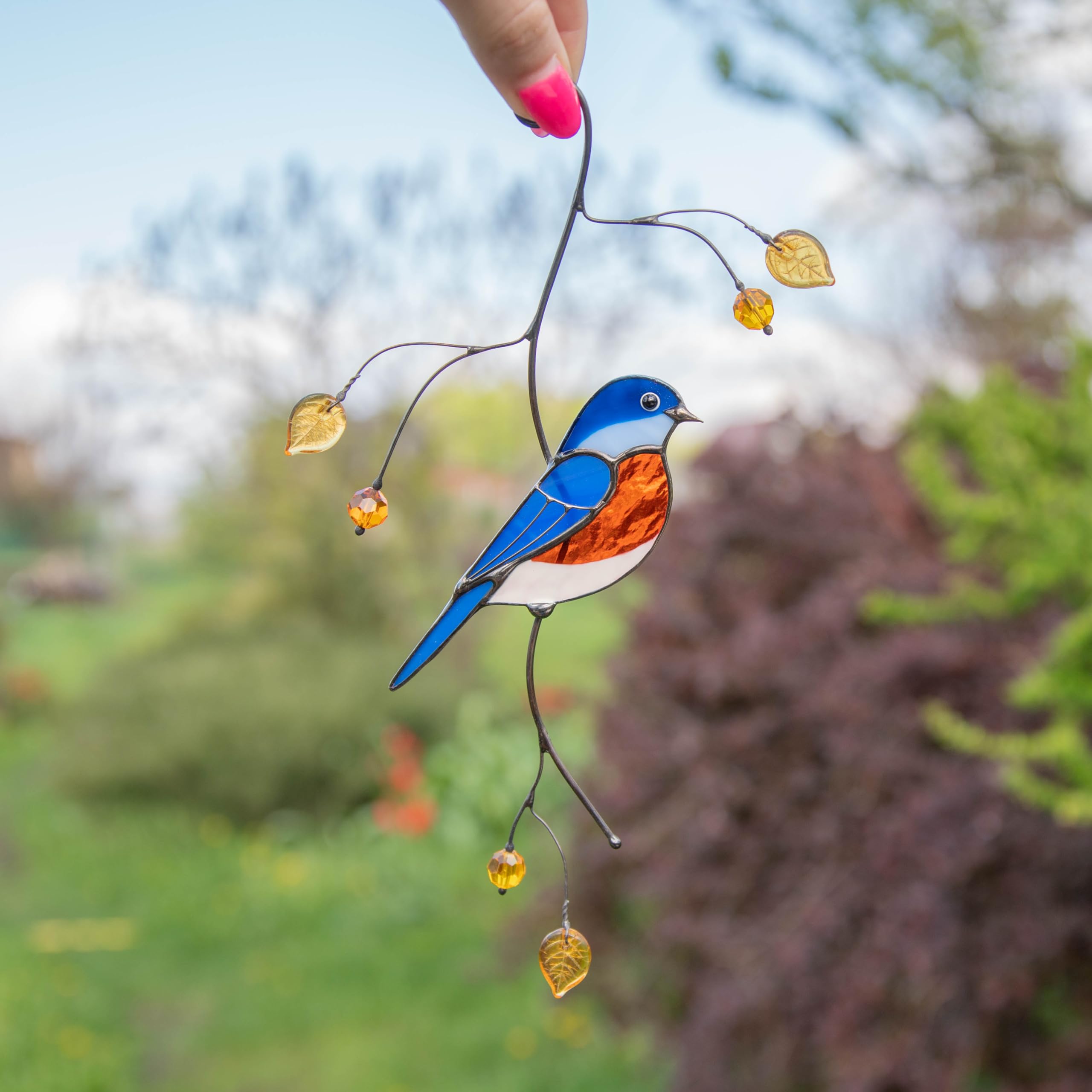 Handmade Bluebird Stained Glass Suncatcher - Genuine Glass Window Hanging for Home Decor, Unique Indoor Ornament & Outdoor Garden Decoration | Perfect for Living Room, Bedroom, Patio & Gift Giving