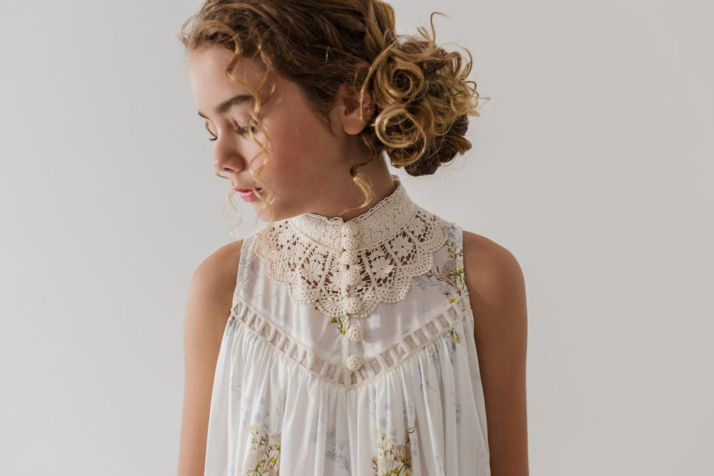 Petite Amalie Doily Applique Voile Sleeveless Spring Meadow Print Dress - Floral Summer Dress for Women, Perfect for Garden Parties & Beach Vacations