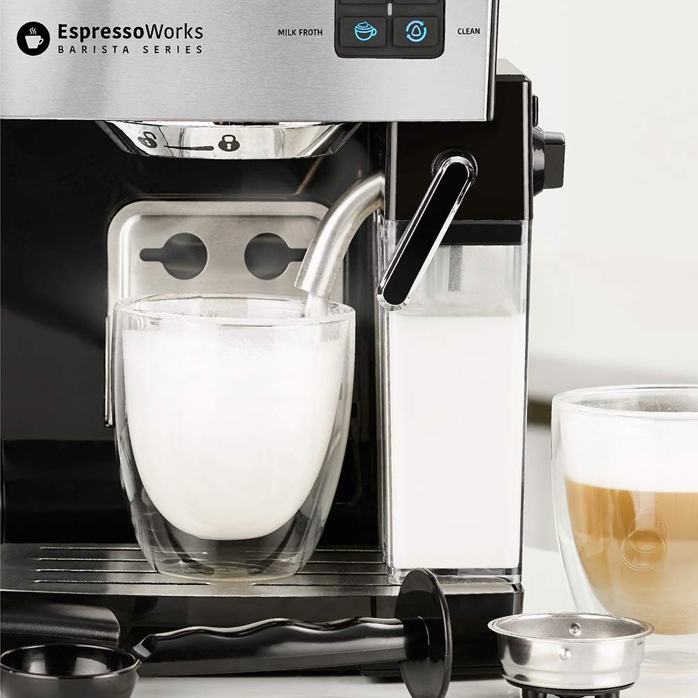 EspressoWorks 19-Bar Professional Espresso Machine with Milk Frother - 10-Piece Cappuccino & Latte Maker Set (1250W, Silver) - Perfect for Home Baristas, Coffee Shops & Office Use - Makes Rich Espresso, Creamy Lattes & Frothy Cappuccinos with One-Touch Operation - Ideal Coffee Gift for Holidays & Special Occasions