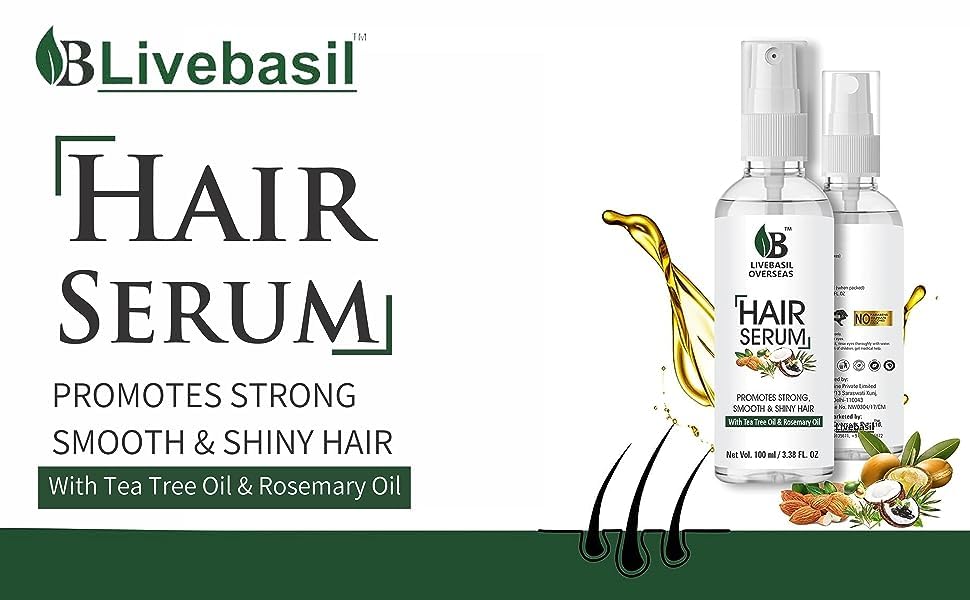 Livebasil Hair Growth Serum with Tea Tree & Rosemary Oil - Promotes Strong, Smooth & Shiny Hair (100ml) - Best for Thinning Hair & Scalp Care - Perfect for Daily Hair Regimen & Styling Prep