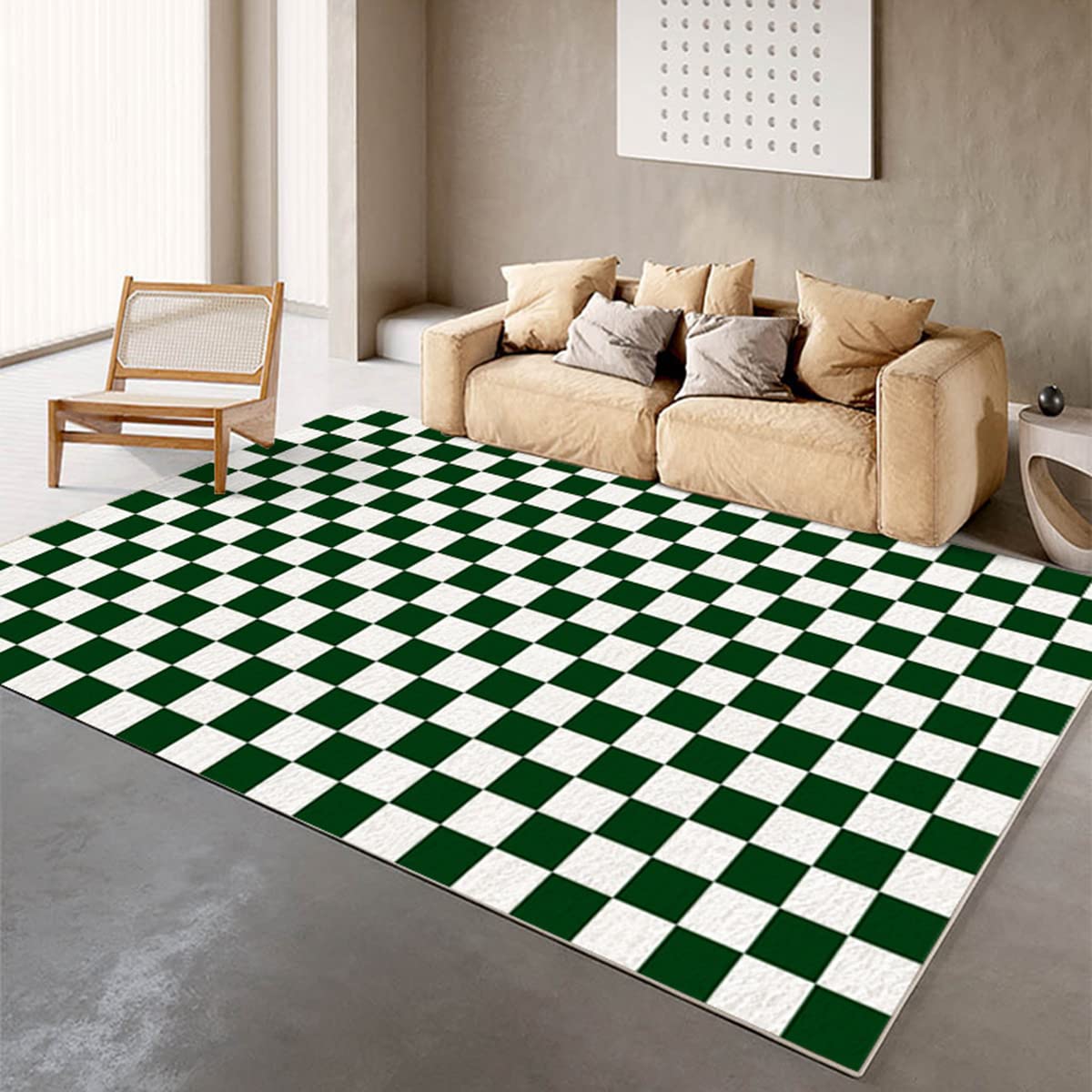 Vintage Green Checkered Washable Area Rug - 6x8 Fluffy Low Pile Faux Wool Carpet for Living Room, Bedroom, Dining Room | Perfect for Home Office, Playroom & Cozy Spaces