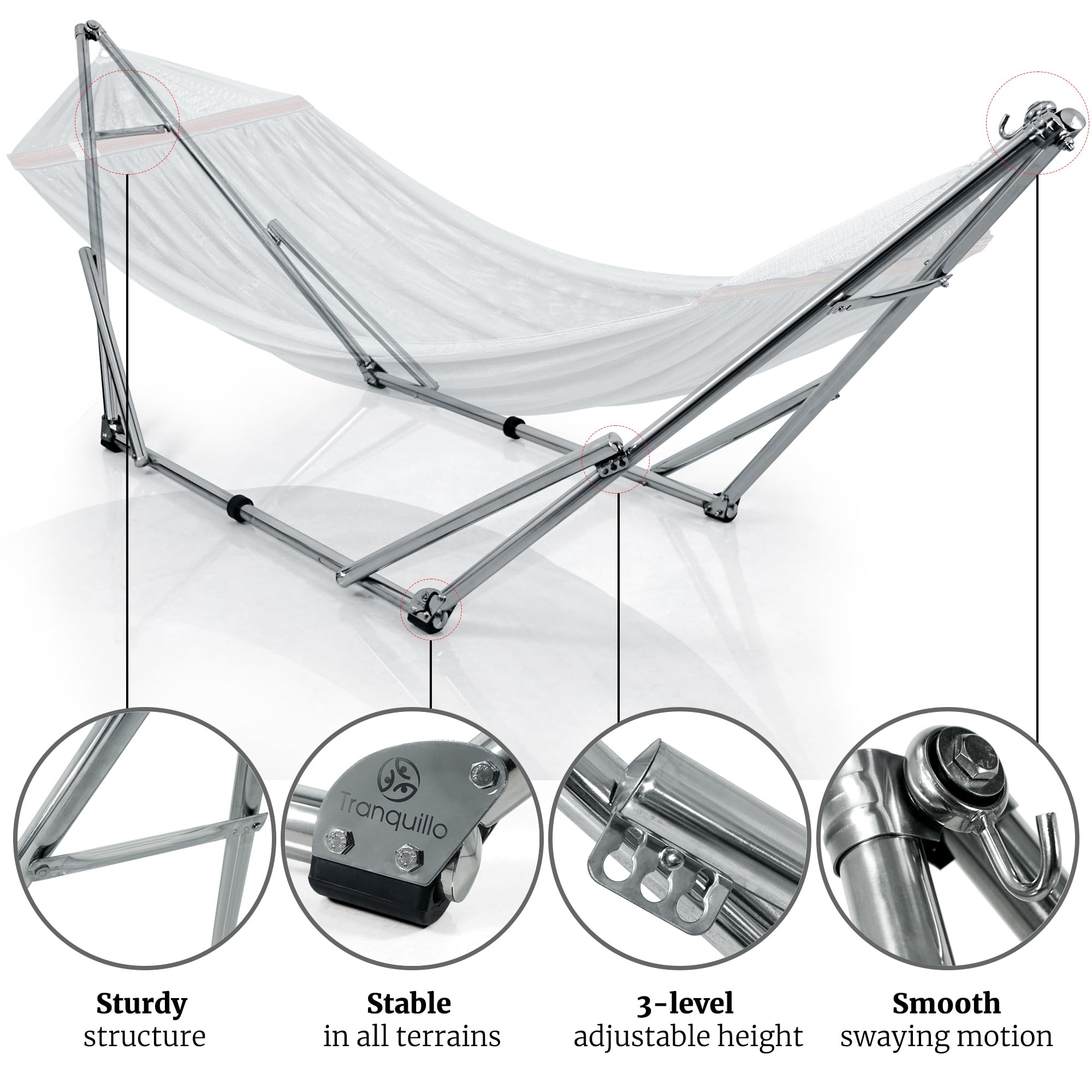 Tranquillo Adjustable Hammock Stand with Carry Bag - 650 lbs Capacity Foldable Steel Frame & Breathable Polyester Net for Camping, Backyard, Beach (Grey) | Perfect for Outdoor Relaxation & Travel