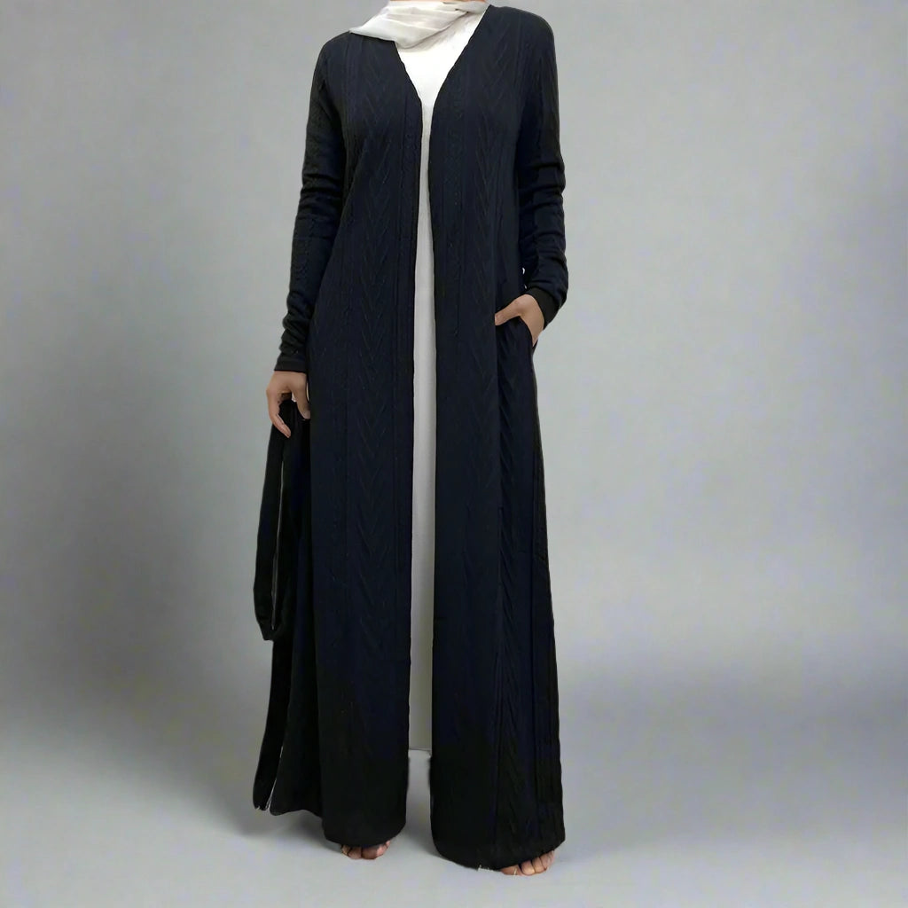 Elegant Winter Knit Open Front Cardigan Abaya Dress for Muslim Women - Pockets Included | Perfect for Prayer, Modest Fashion & Layering