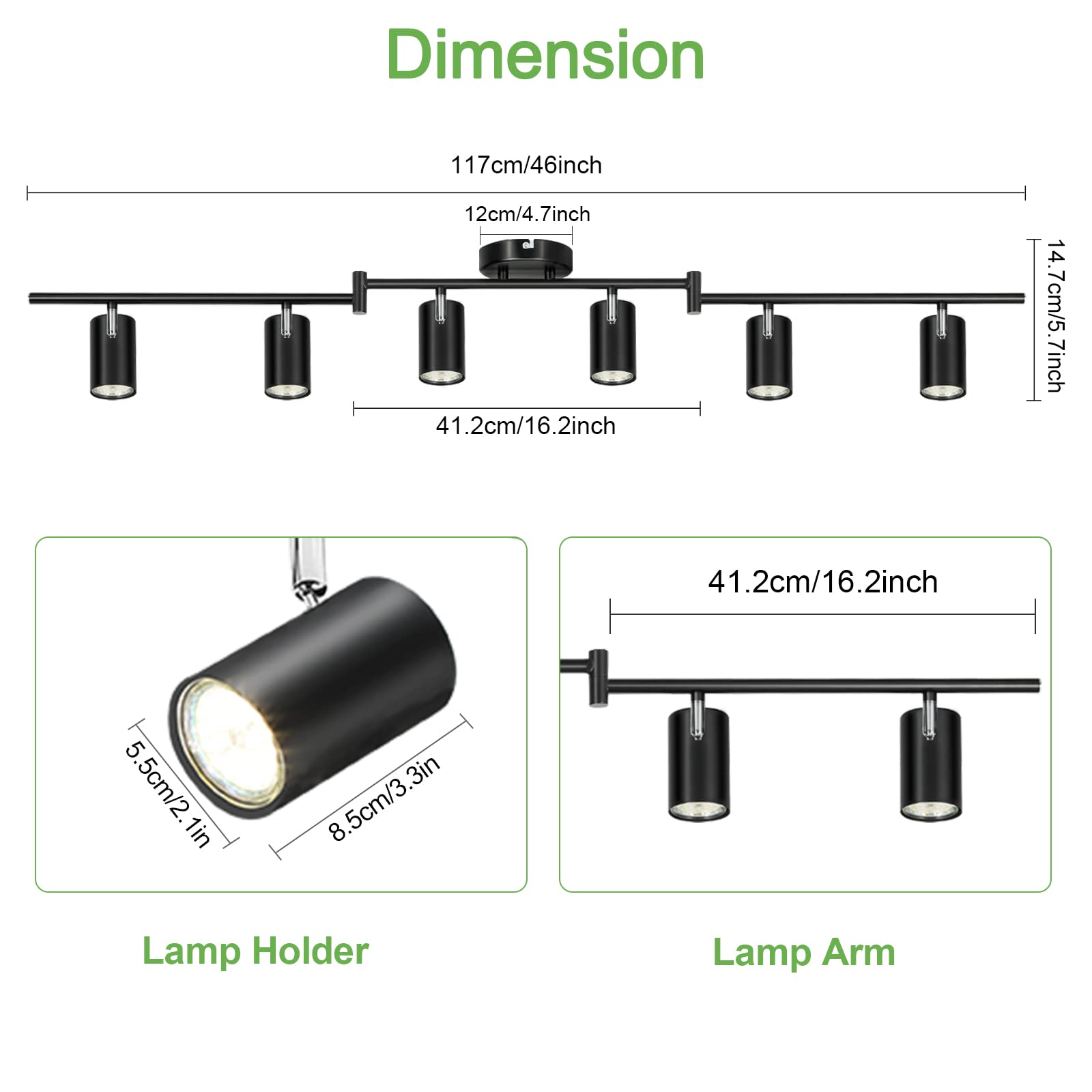 Kimjo 6-Light Black LED Track Lighting Fixture for Ceiling - Adjustable Spot Light Kit with GU10 Socket - Modern Track Lighting System for Kitchen, Dining Room, Bar, Office & Retail Spaces
