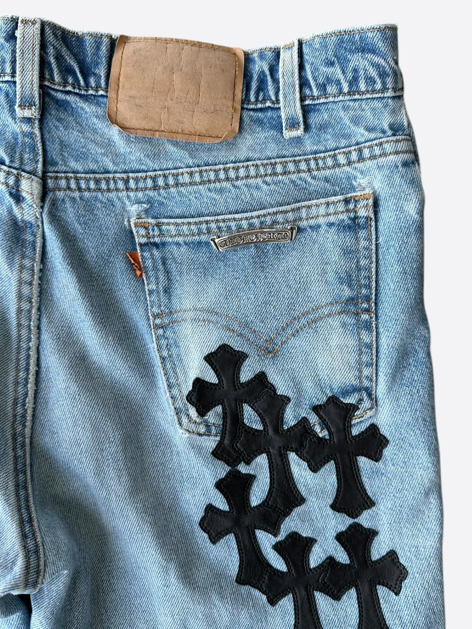 Chrome Hearts x Levi's Blue & Black Cross Patch Denim Jeans for Men - Stylish Vintage Streetwear for Casual Outfits and Night Out