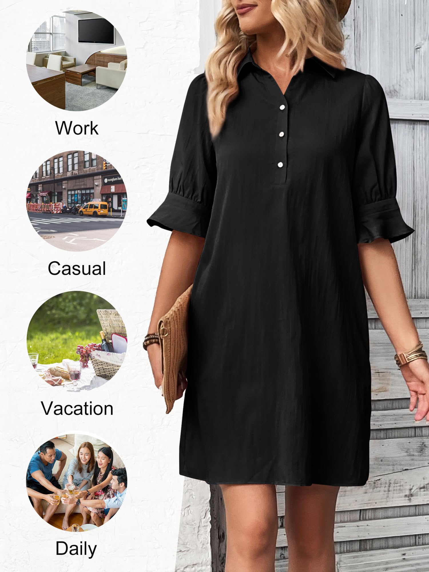 FENSACE Women's Casual Shirt Dress with Ruffle Sleeves & Pockets - Button Down Summer Shift Dress for Work, Travel & Beach Outings