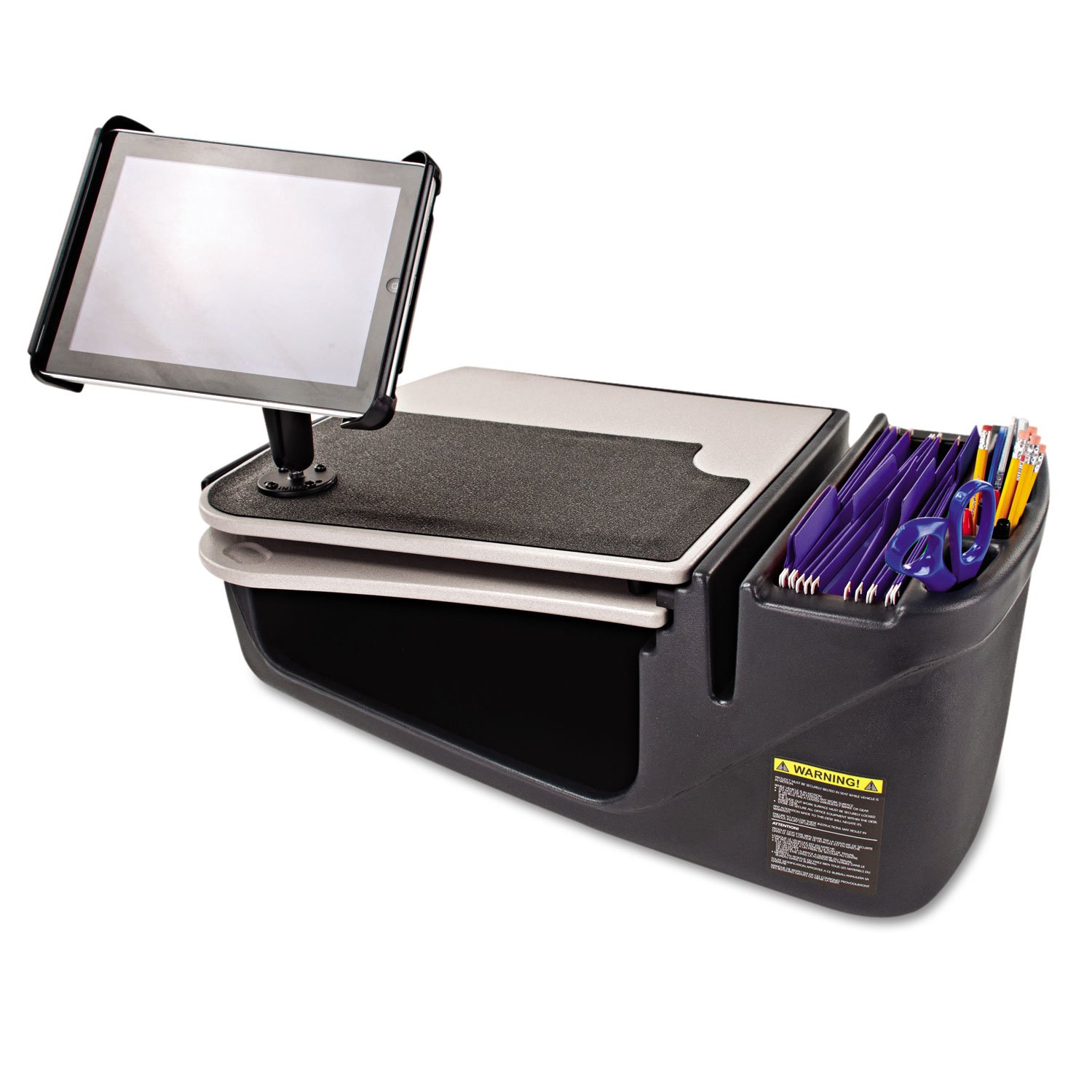 Adjustable Car Desk with iPad Mount - Dark Gray Body & Light Gray Work Surface for Office, Travel, and Remote Work