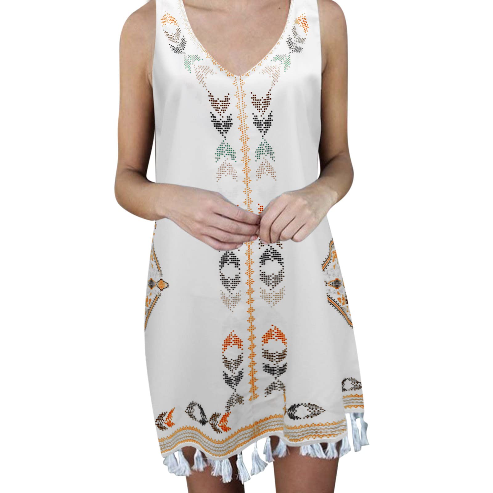 Women's Blue A-Line Mini Dress - Sleeveless V-Neck Boho Dress with Tassel Fringe for Summer | Perfect for Beach Parties, Vacations & Casual Outings