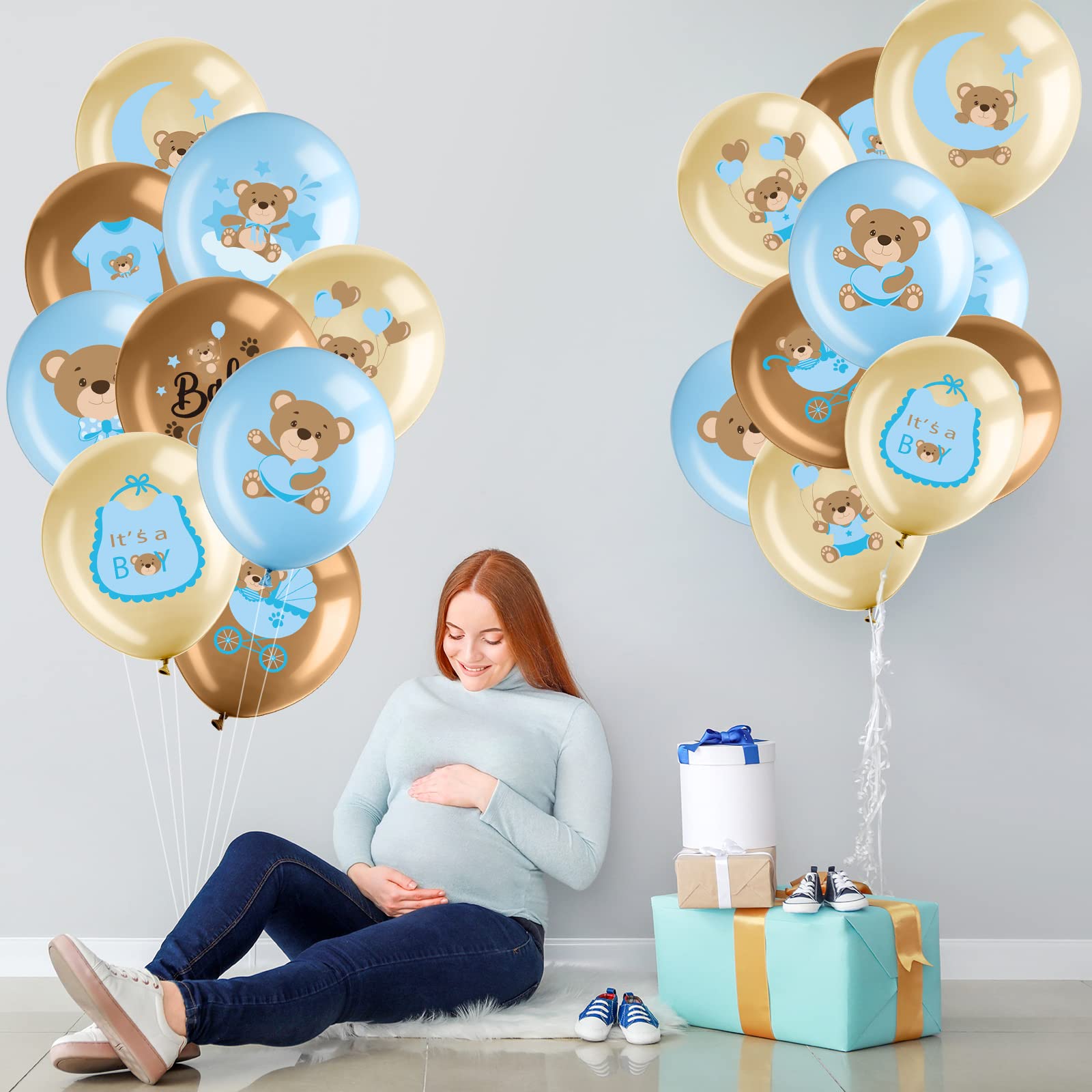 36 Pcs Bear Baby Balloons - Blue & Brown Latex Balloons for Baby Shower, Gender Reveal & Birthday Parties - 