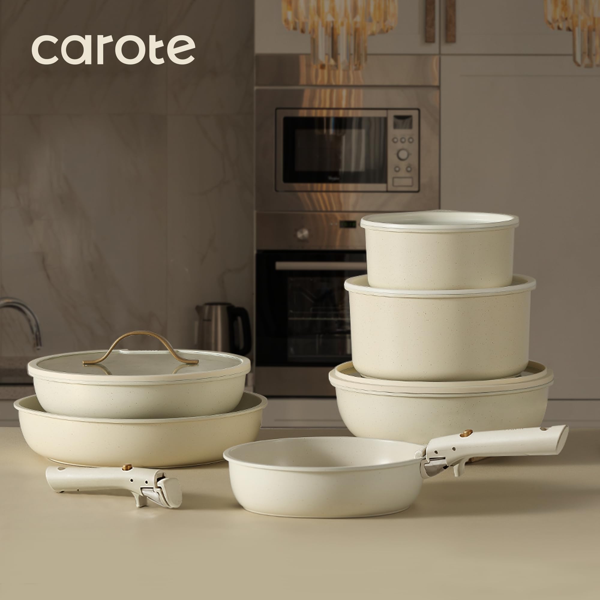 CAROTE 19-Piece Nonstick Cookware Set - Induction Compatible Pots & Pans with Detachable Handles, Oven & Fridge Safe - Gold & White Kitchen Cookware for RV, Apartment & Home Cooking