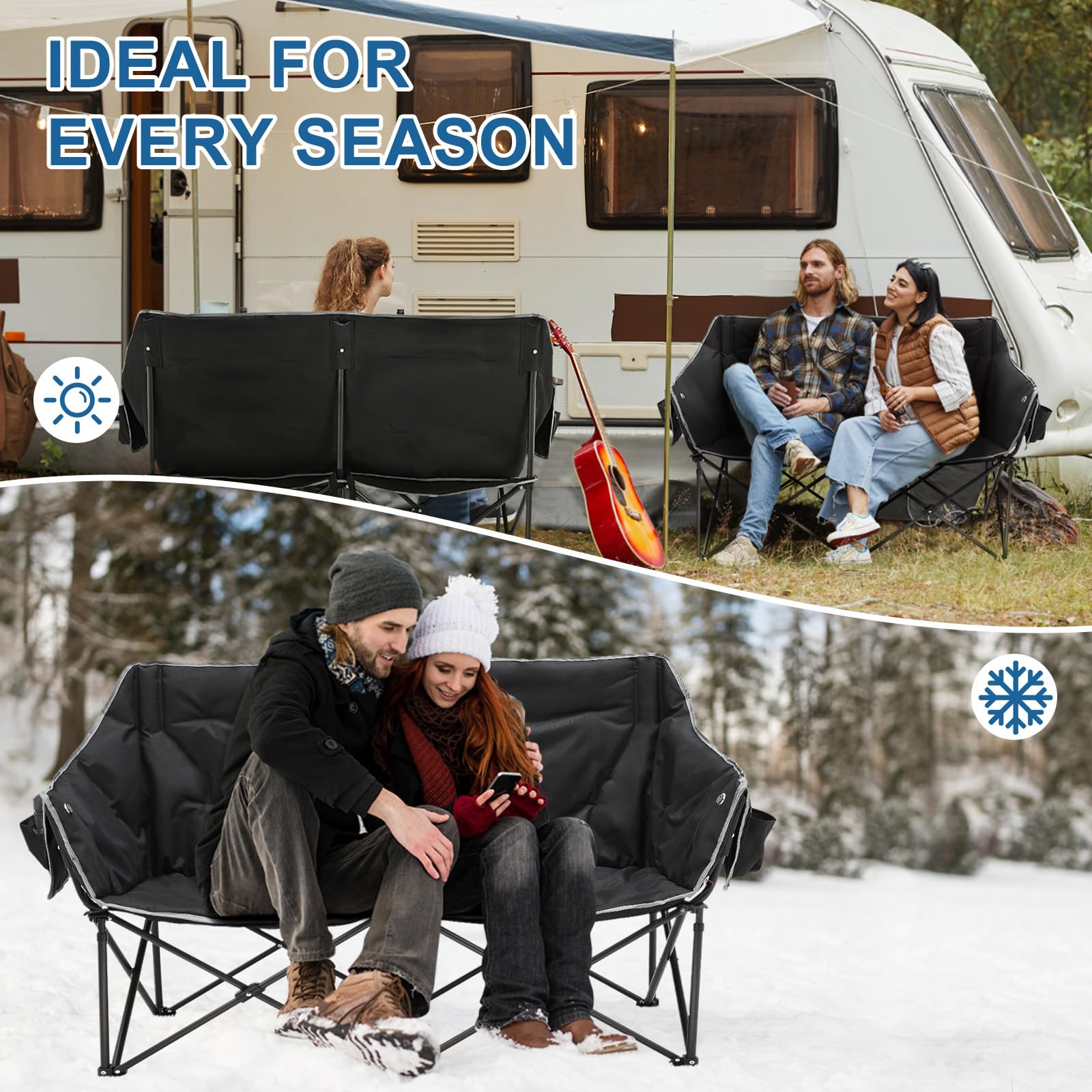 SLSY Oversized Heated 2-Person Camping Chair - Double Folding Loveseat with Padded Seat & Carry Bag - Perfect for Outdoor Camping, Picnics, Beach, Backyard & Tailgating