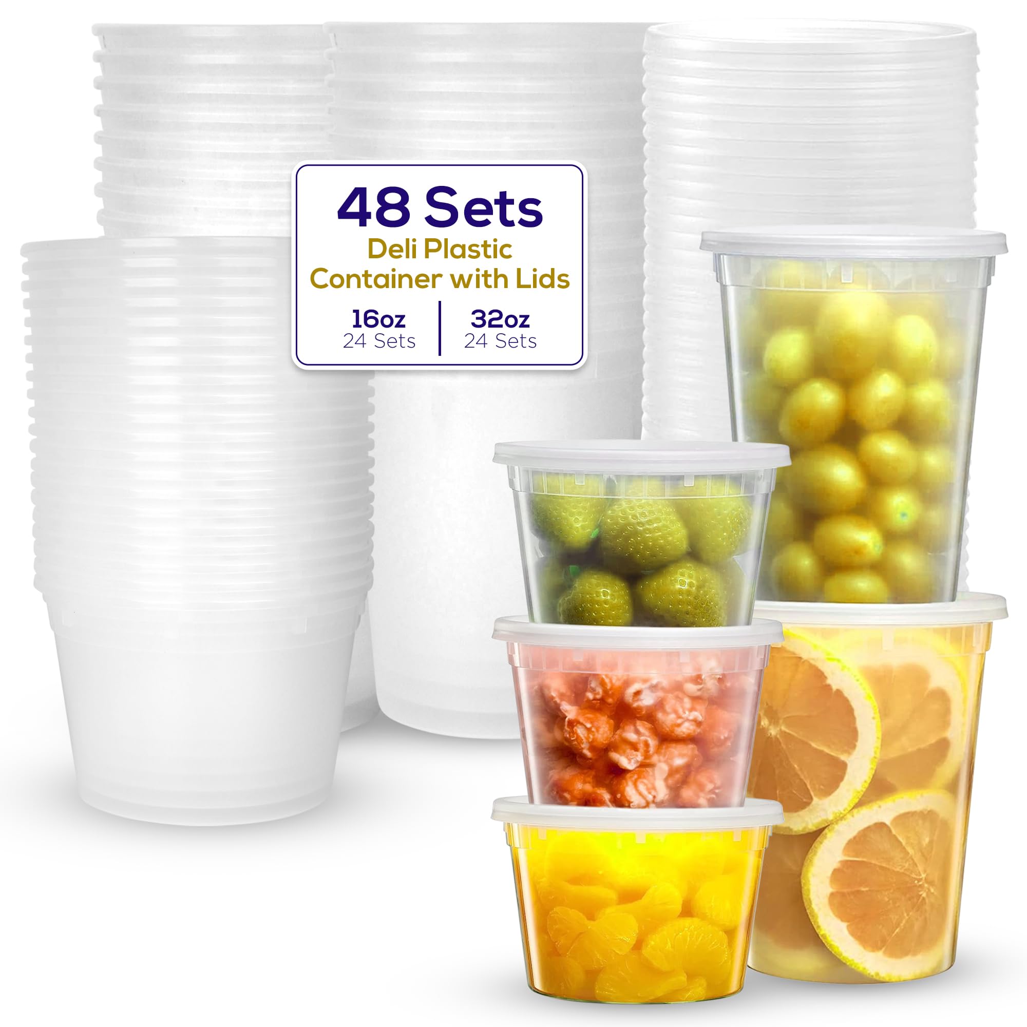 Premium 16 oz & 32 oz Plastic Food Storage Containers with Lids - 48-Piece Set (24 Each) - Microwave, Freezer & Dishwasher Safe - Airtight Leakproof Containers for Meal Prep, Leftovers & Food Storage - BPA-Free Reusable Deli Containers