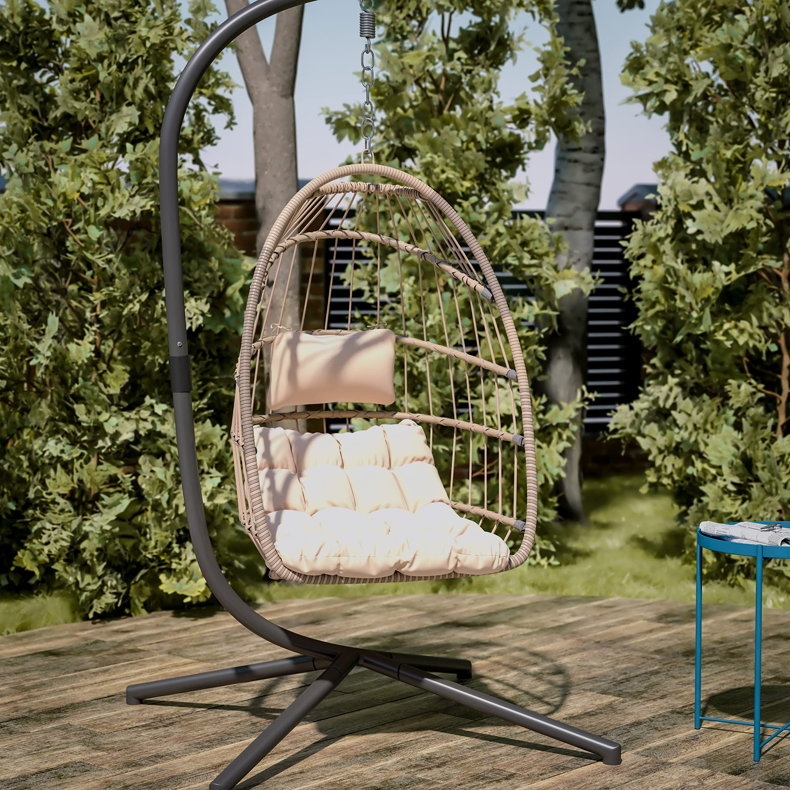 EMMA + OLIVER Awen Hanging Egg Chair with Stand - Natural Woven Polyethylene Rattan, Black Steel Frame & Removable Cream Cushions - Foldable Outdoor Swing Chair for Patio, Garden, Backyard Relaxation