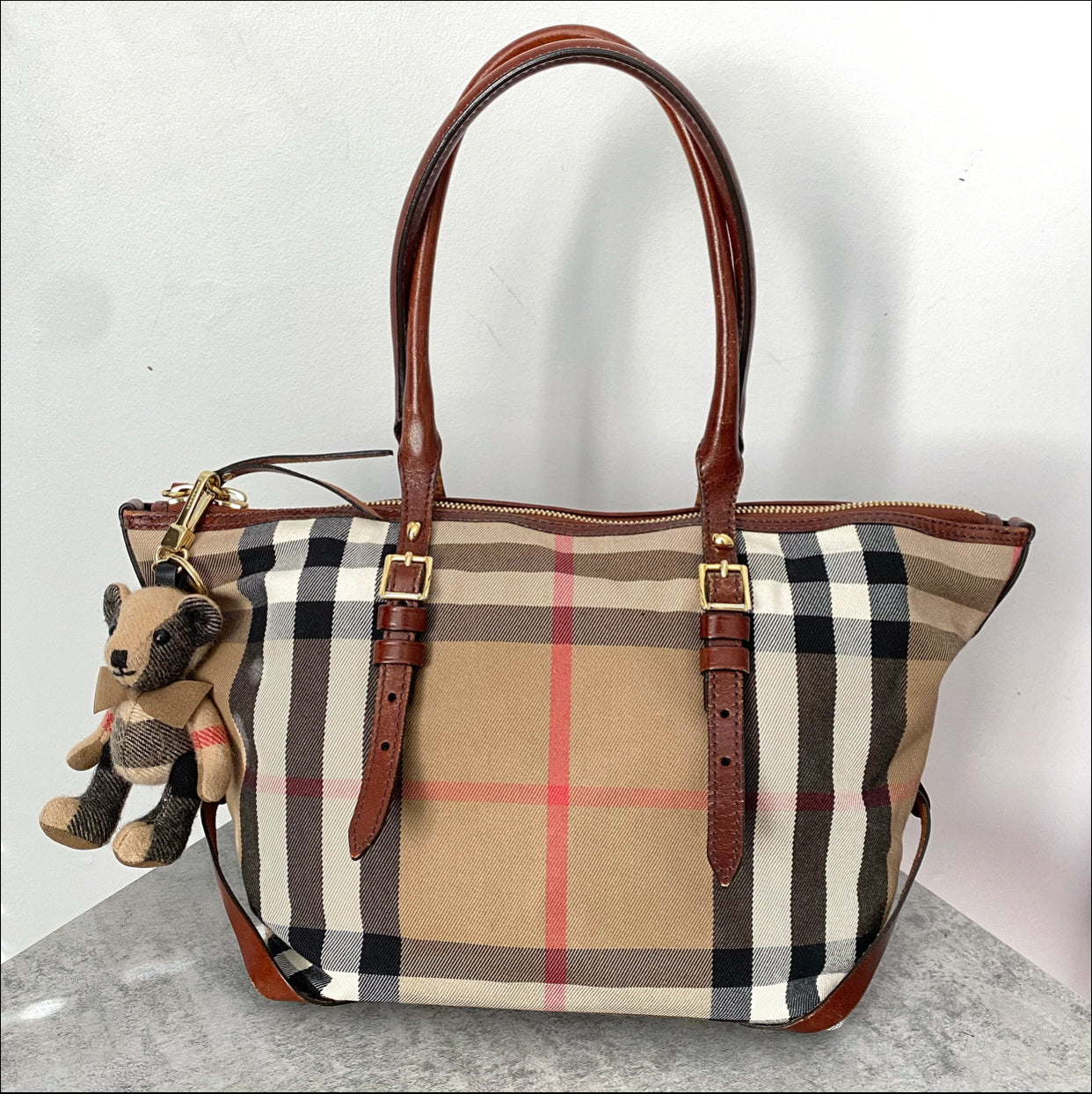 Burberry Check Fabric Tote Bag with Teddy Bear Charm - Stylish Designer Handbag for Women, Perfect for Work, Travel & Everyday Use