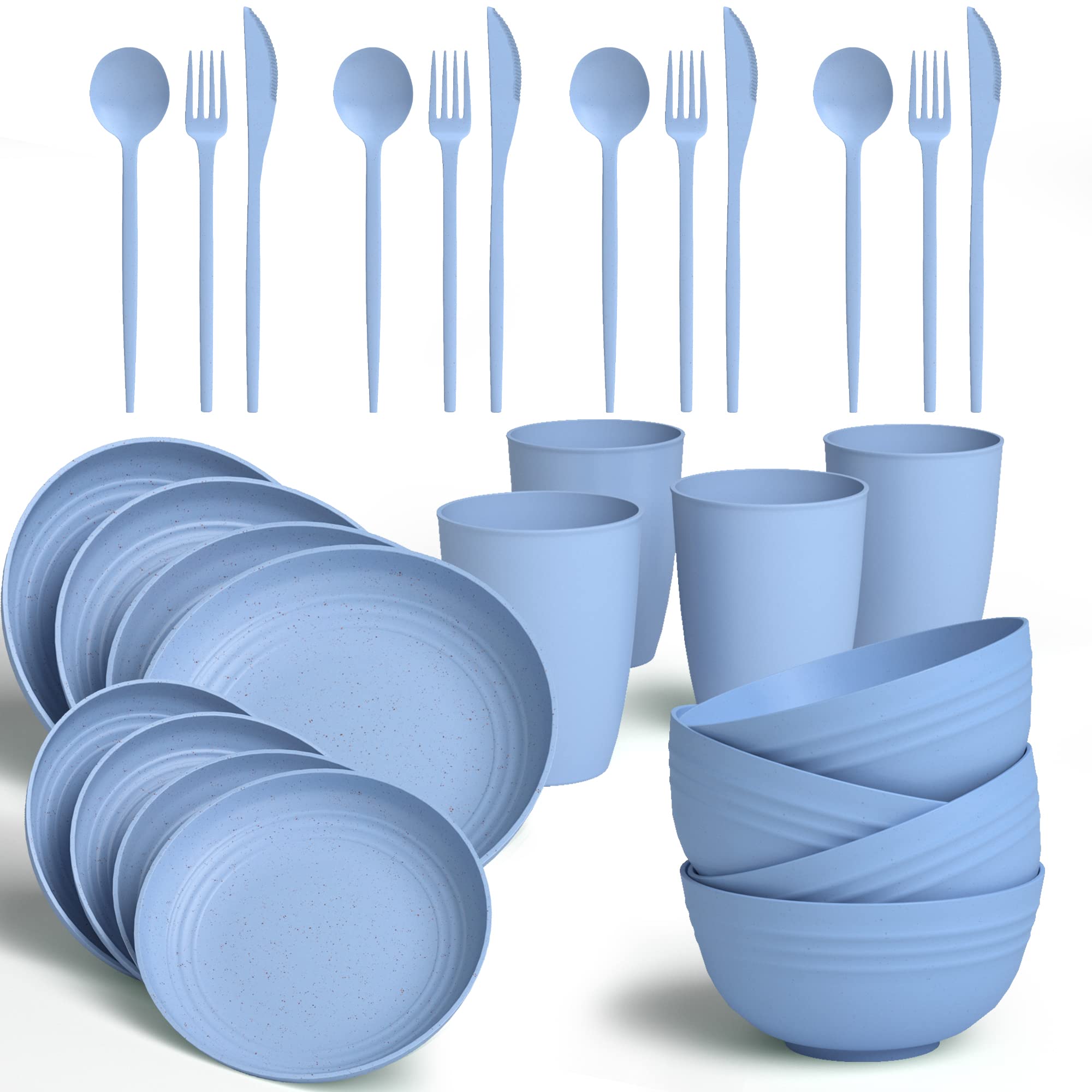 Eco-Friendly Wheat Straw Dinnerware Set for 4 - Unbreakable, Lightweight & Reusable Plates, Bowls, Cups | Microwave & Dishwasher Safe | Perfect for Kitchen, Camping, RV Travel & Outdoor Picnics (28-Piece Set)