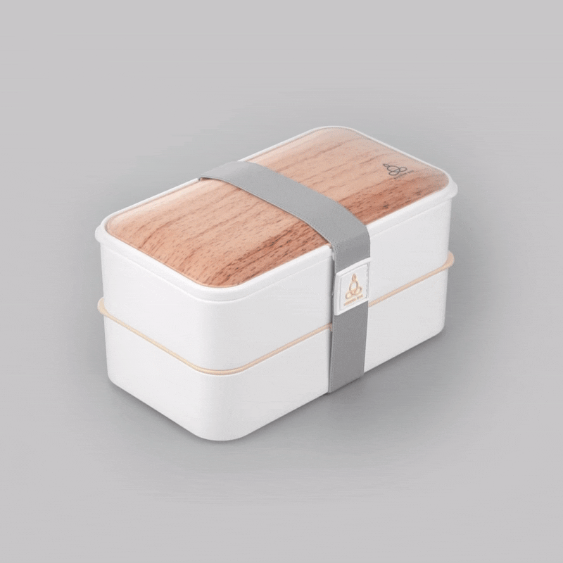 Bento Tek 41 oz Wood Grain & White Buddha Lunch Box with Utensils & Sauce Cup - All-in-One Meal Prep Container (7.25