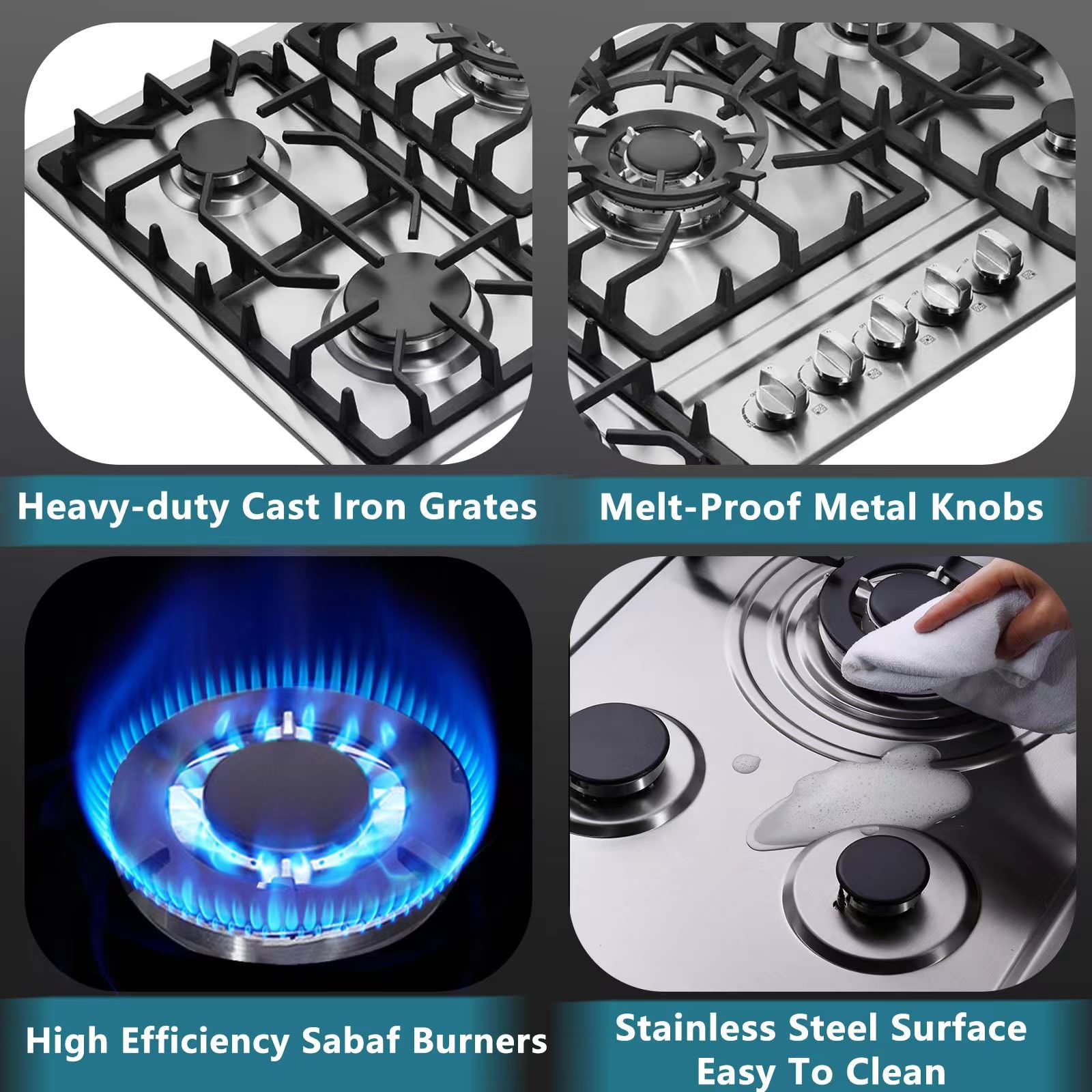 34 Inch Stainless Steel Built-In 5 Burner Gas Cooktop - LPG/NG Convertible Dual Fuel Stovetop for Professional Cooking | DM5808 | Perfect for Home Kitchens, Restaurants & Outdoor Catering