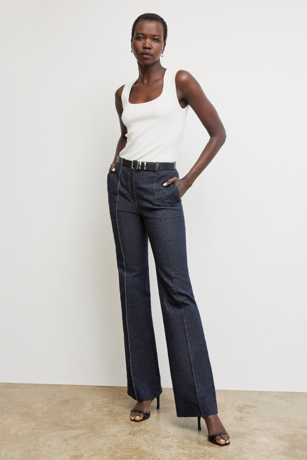Vintage '70s Rowe Stretch Denim Jeans in Midnight Wash - Retro High Waisted Flare Pants for Women, Perfect for Casual Outfits & 70s Theme Parties