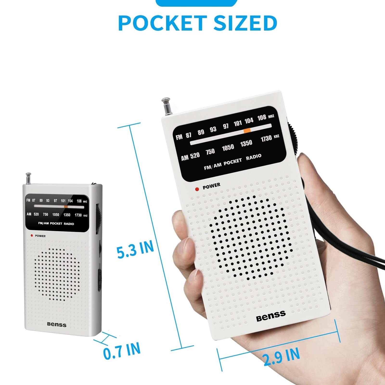Benss Portable AM FM Radio - Best Reception, 2AA Battery Operated with Speaker & Headphone Jack | Pocket-Sized Transistor Radio for Home, Office, Camping, Hiking & Emergency Preparedness (White)