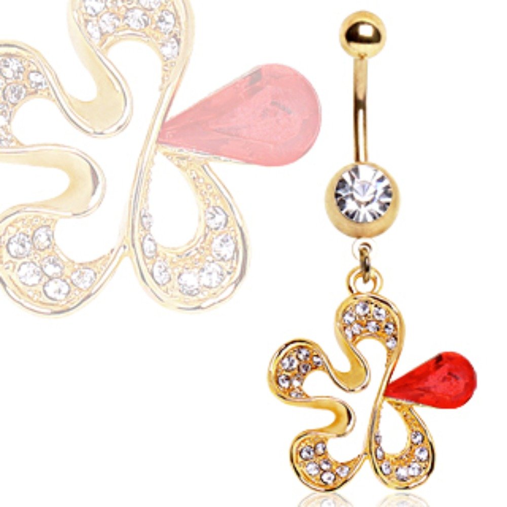 14K Gold Plated Red CZ Flower Belly Button Ring - Elegant Body Jewelry for Women, Perfect for Parties, Beach & Everyday Wear