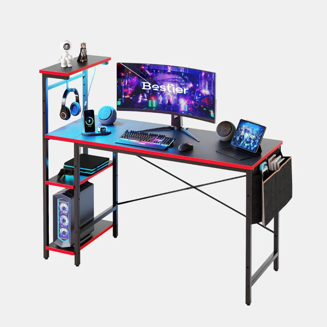 Bestier 51 Inch LED Gaming Desk with 4 Tier Shelves & Storage Bag - Perfect for PC Gaming Setup, Home Office & Streaming Station