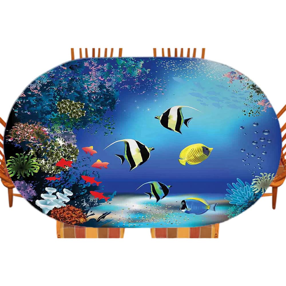 Waterproof Oval Elastic Tablecloth - Tropical Coral Reef Design with Colorful Fish Print - Fits 42x60 Inch Tables - Perfect for Kitchen Dining, Outdoor Picnics & Beach Party Decorations