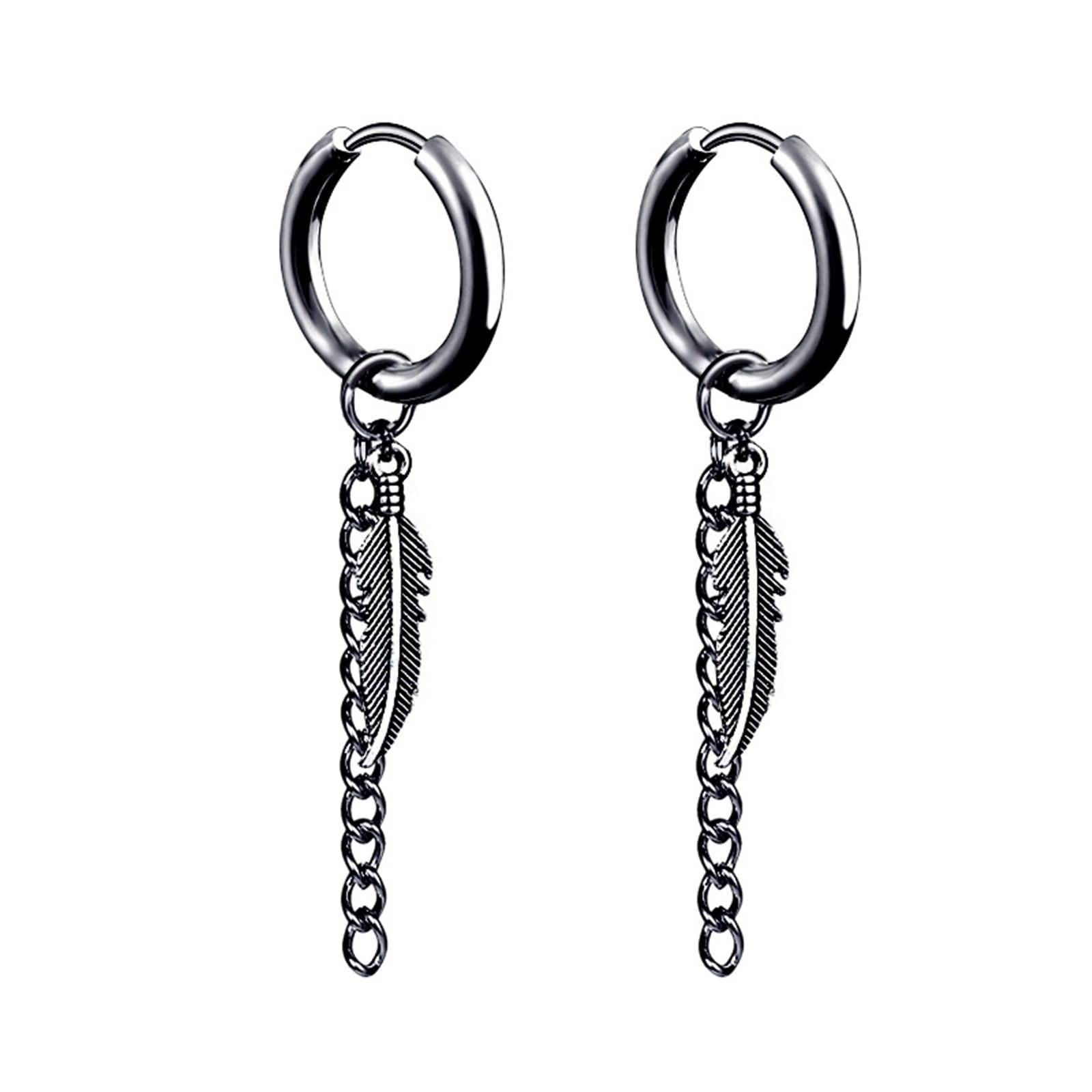 Trendy Stainless Steel Hoop Earrings with Feather Chain - Round Piercing Jewelry for Women & Men - Perfect for Parties, Gifts & Everyday Wear