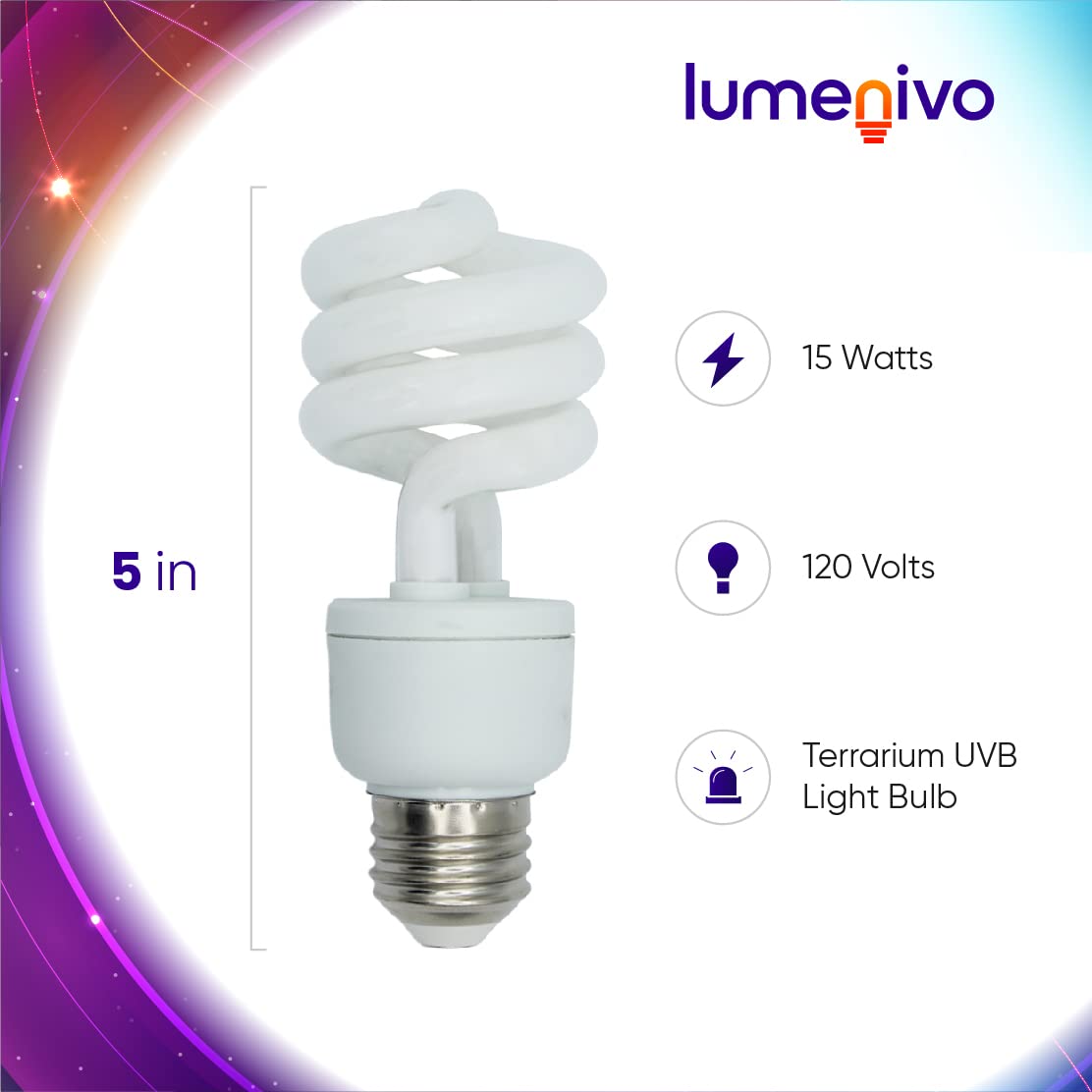 Lumenivo 15W UVB Reptile Light Bulb 5.0 - Spiral Heat Lamp for Terrarium - Ideal for Turtles, Geckos, Tortoises, Snakes, Lizards, Chameleons & Insects - 120V - 3 Pack - Perfect for Reptile Habitats & Basking Areas