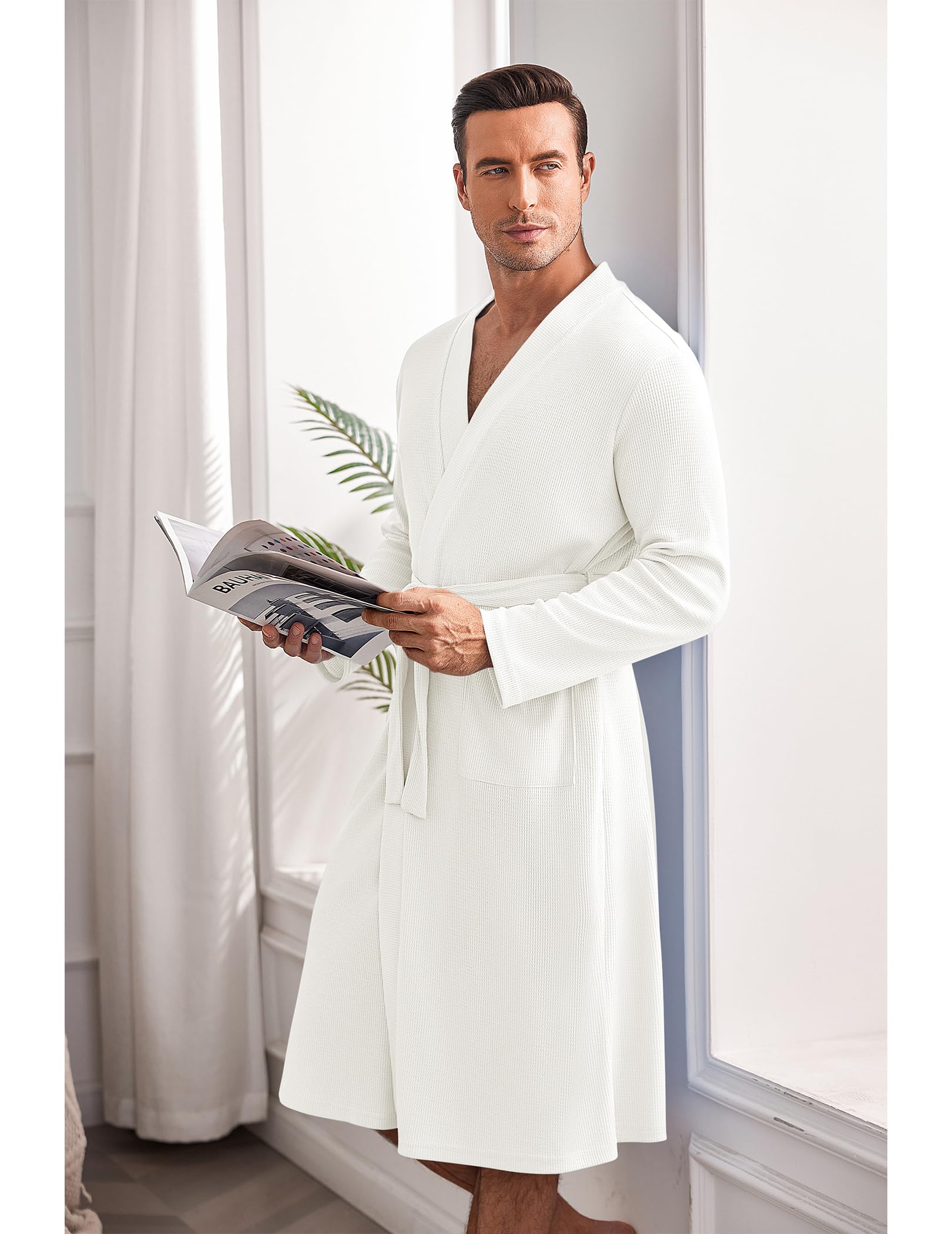 Ekouaer Men's Lightweight Waffle Knit Bathrobe - Soft Kimono Style Spa Robe with Pockets, Long Sleeve V-Neck Shower Robe for Relaxation, Lounge Wear & Sleepwear - Perfect for Home, Spa, and Vacation Use