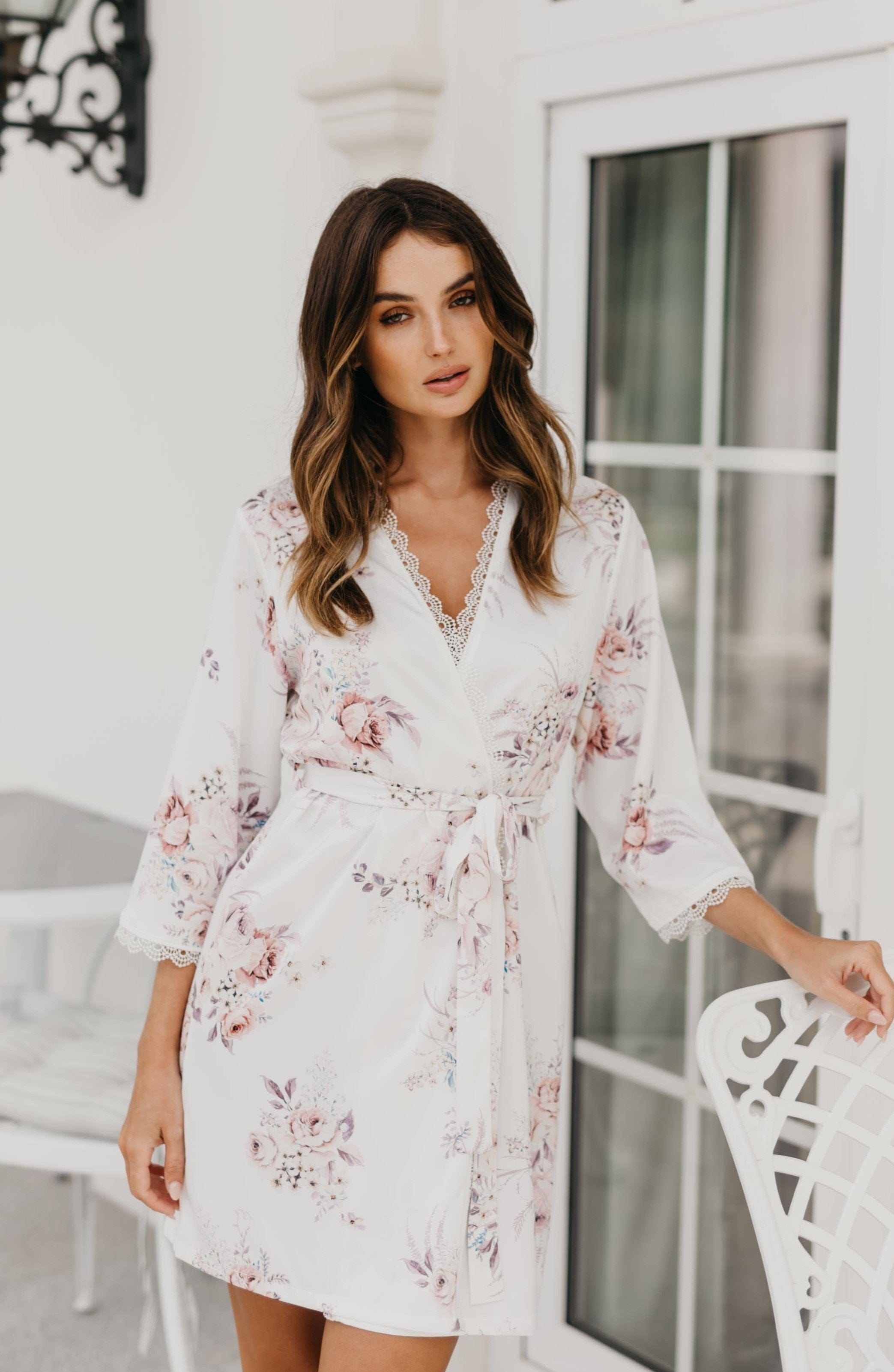 Elegant Rose Mist Floral Lace Trim Satin Robe - Women's Luxury Kimono Bathrobe for Bridal, Spa, Honeymoon & Boudoir Photography