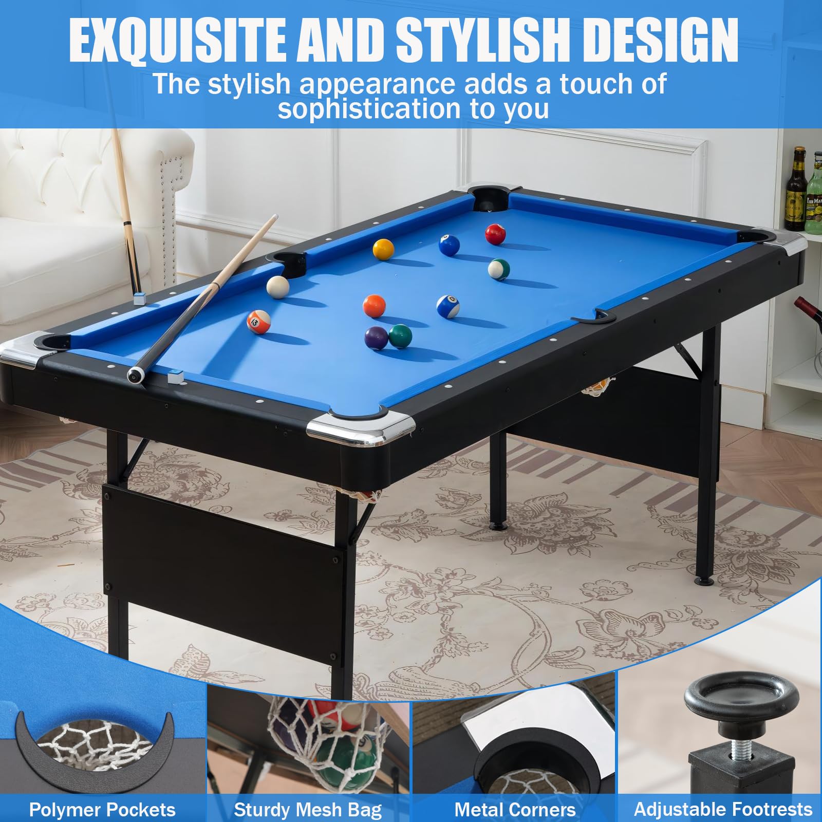 BOSTANA 5.5 ft Foldable Pool Table Set with Balls, Cues, Chalks & Brush - Portable Billiard Table for Home Game Room, Family Entertainment & Party Fun - Perfect for Adults & Kids Indoor/Outdoor Use