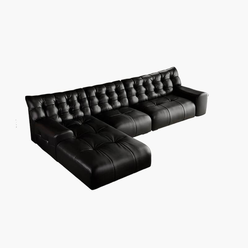 Black L-Shape Sofa Chaise with Tufted Back & Button Details - Modern Living Room Furniture for Small Spaces & Apartments