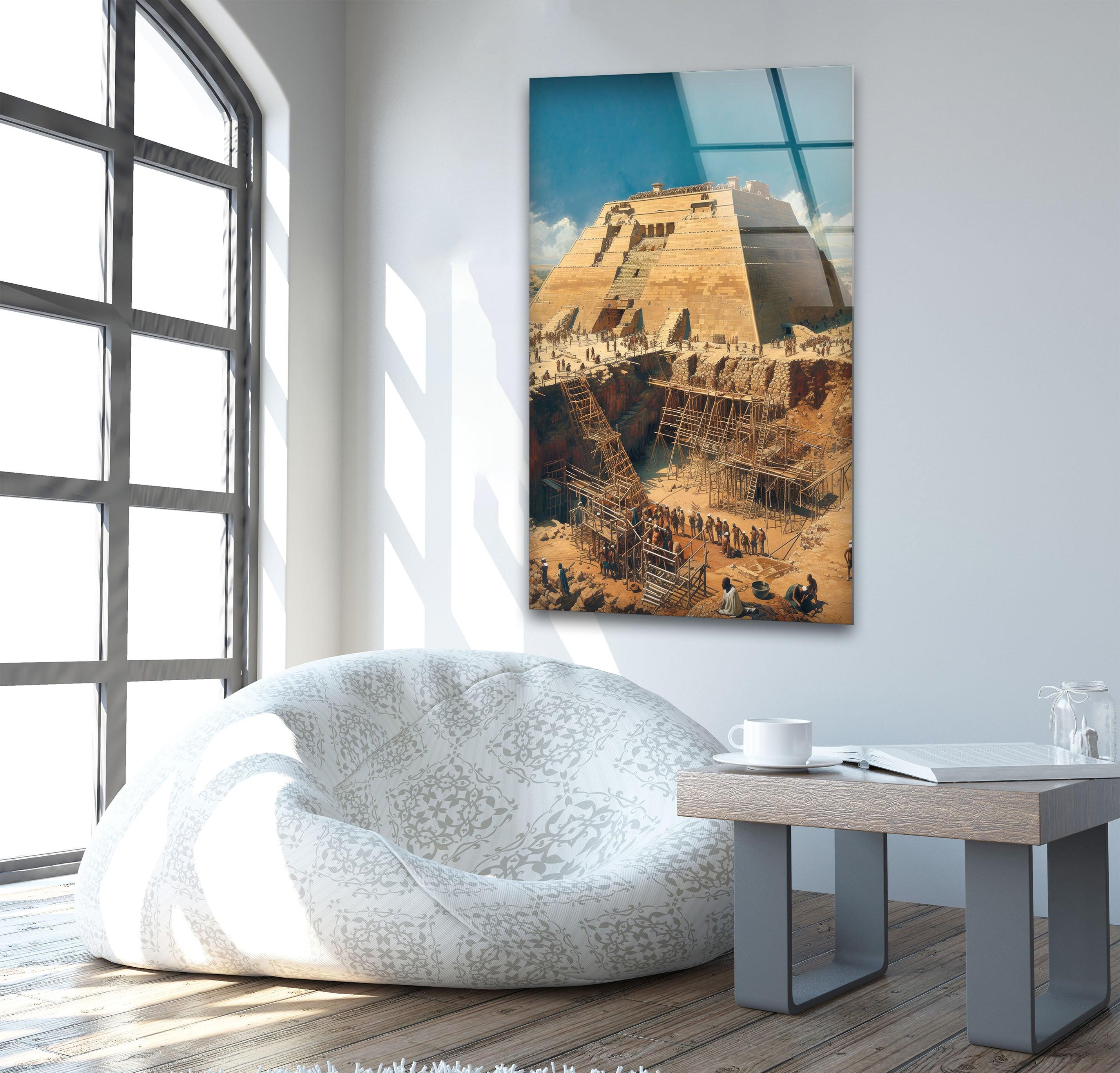 Ancient Pyramid Construction Glass Wall Art - Handmade Egyptian History Decor for Home & Office - Perfect for Living Room, Bedroom, or Office Wall Decor