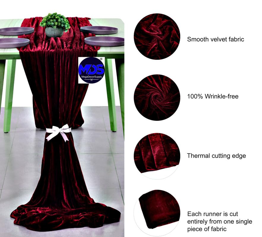 10 Pack 10ft Velvet Table Runner 29x120 Inches - Elegant Burgundy Wedding Table Runner for Romantic Rustic Decor, Birthday Parties, Bridal Showers & Event Decorations | Perfect for Wedding Arch, Banquet Tables and Holiday Centerpieces