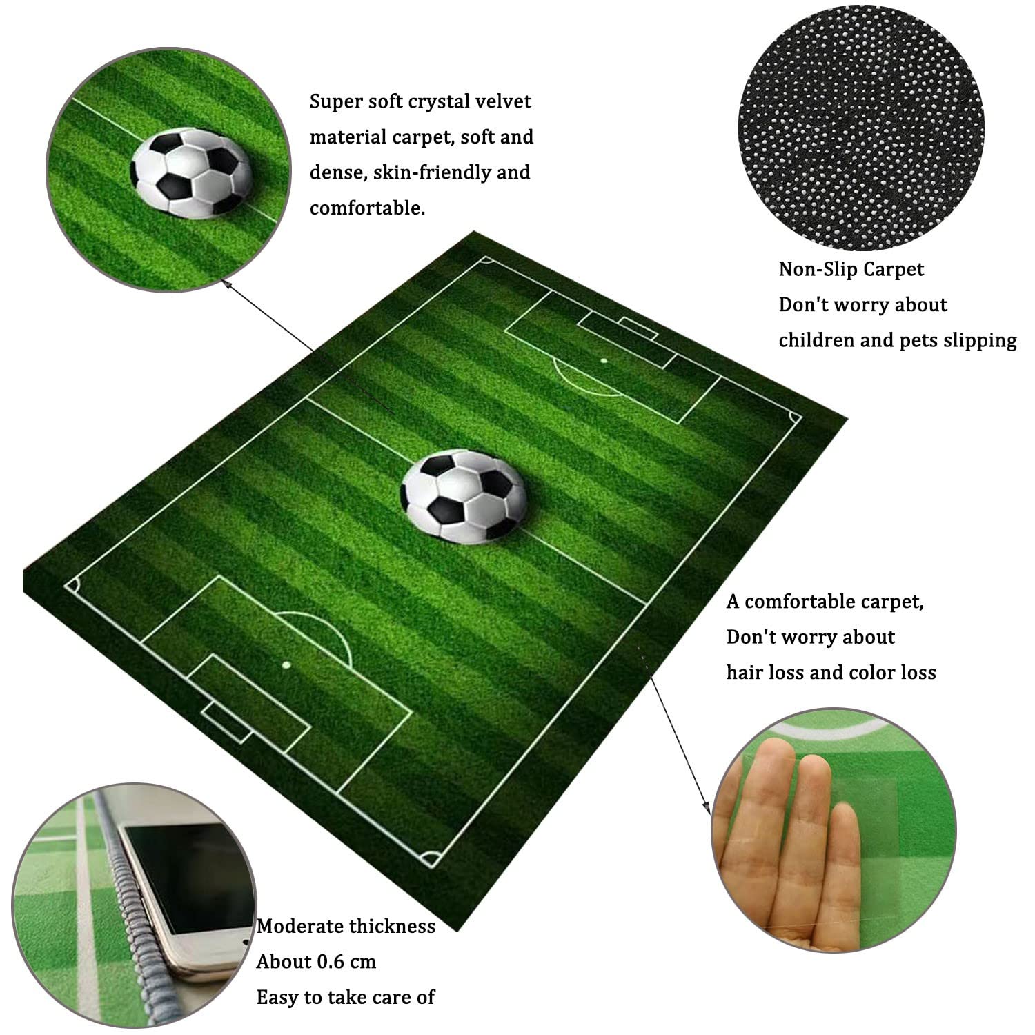 Kids Soccer Field Rug - Non-Slip Football Playmat for Boys & Girls Bedroom, Sports Room or Living Room - 4x6 ft Green Area Carpet - Perfect for Playrooms, Game Rooms and Kids' Sports Themed Decor