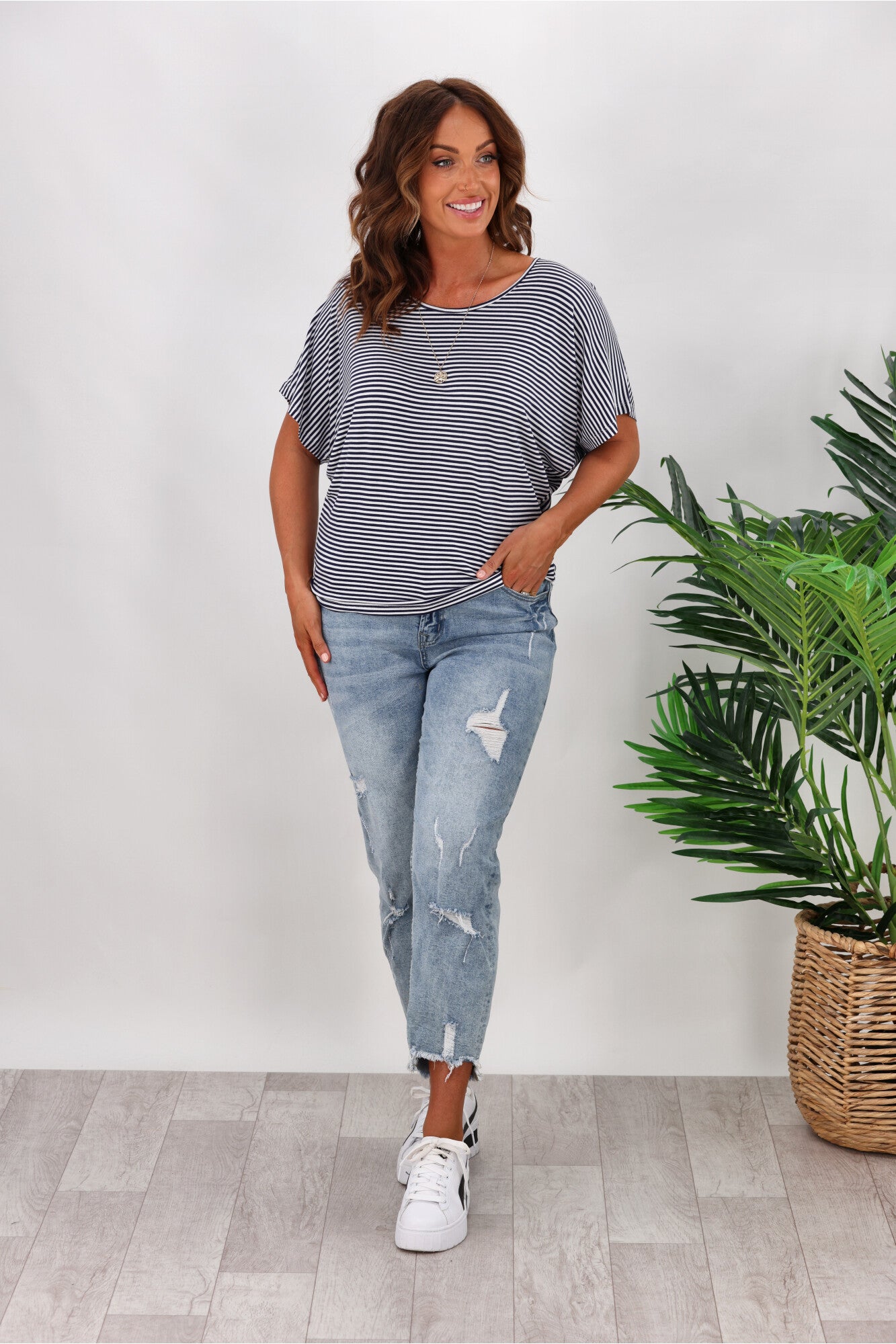 Betty Basics Maui Tee - Soft Cotton Short Sleeve Striped T-Shirt for Women | Blue & White Stripes | Casual Summer Beach Wear & Vacation Outfit
