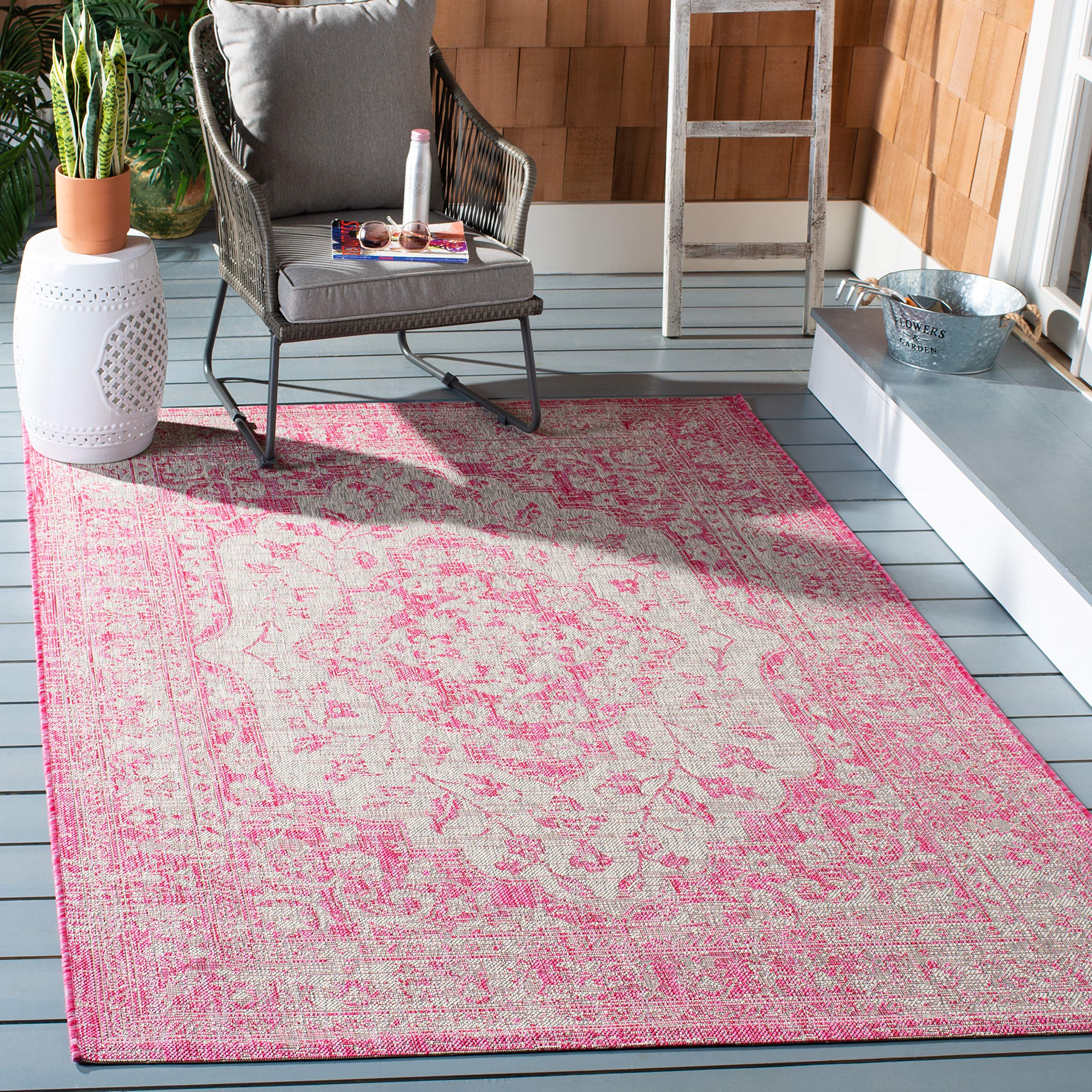 SAFAVIEH Courtyard Collection 8' x 10' Fuchsia Grey Indoor Outdoor Waterproof Rug - Easy Clean, Stain Resistant for Patio, Backyard, Mudroom, Deck & Poolside (CY8231)