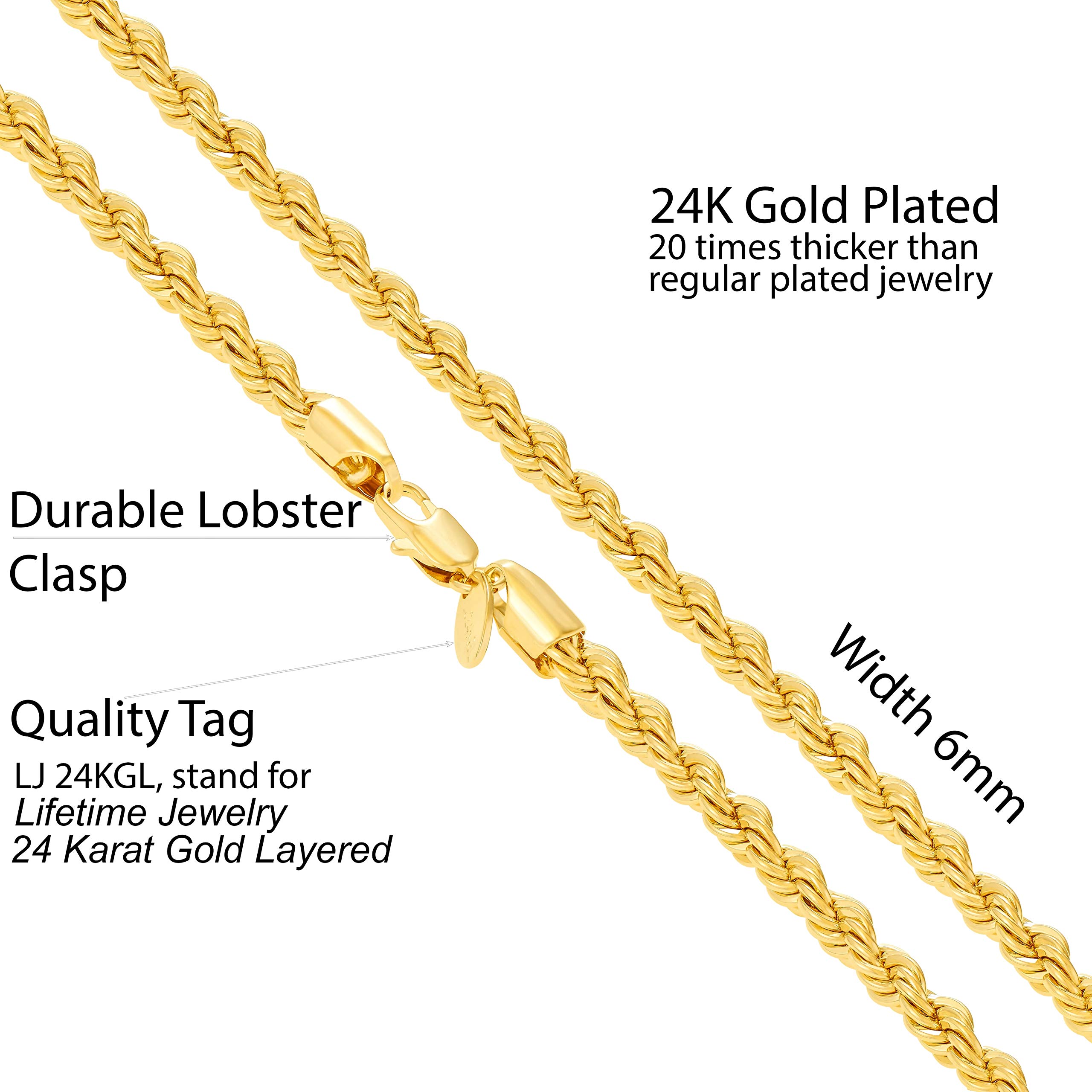 6mm Rope Chain Necklace for Women & Men - 24k Real Gold Plated Lifetime Jewelry - Perfect for Gifts, Anniversaries & Everyday Wear