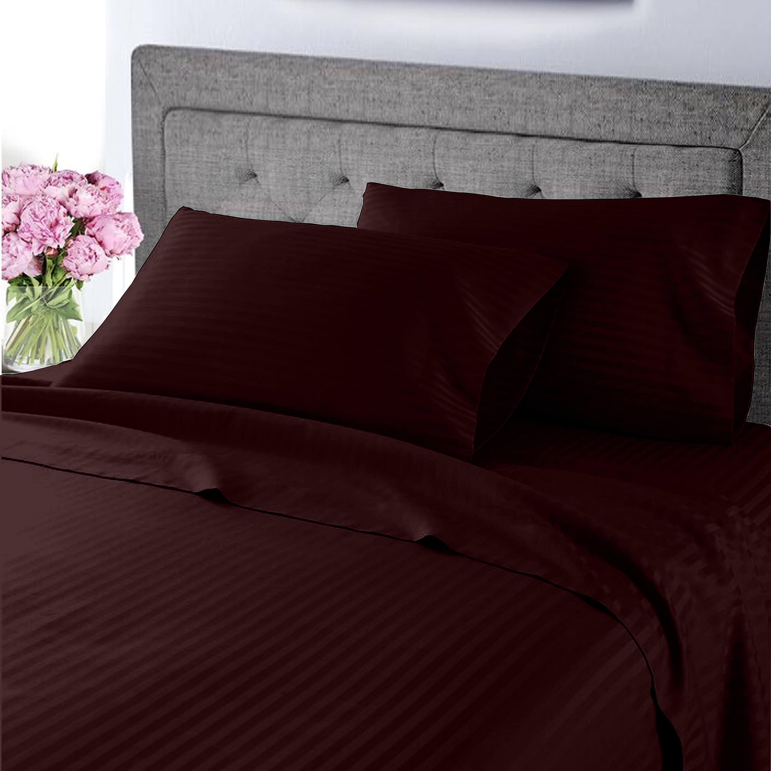 Premium 100% Certified Giza Cotton Queen Sheet Set - Soft Sateen Weave, Breathable Egyptian Cotton Bedding for 18-Inch Deep Pockets (Wine Stripe) - Luxury Bedroom Upgrade for Hotels & Home Decor