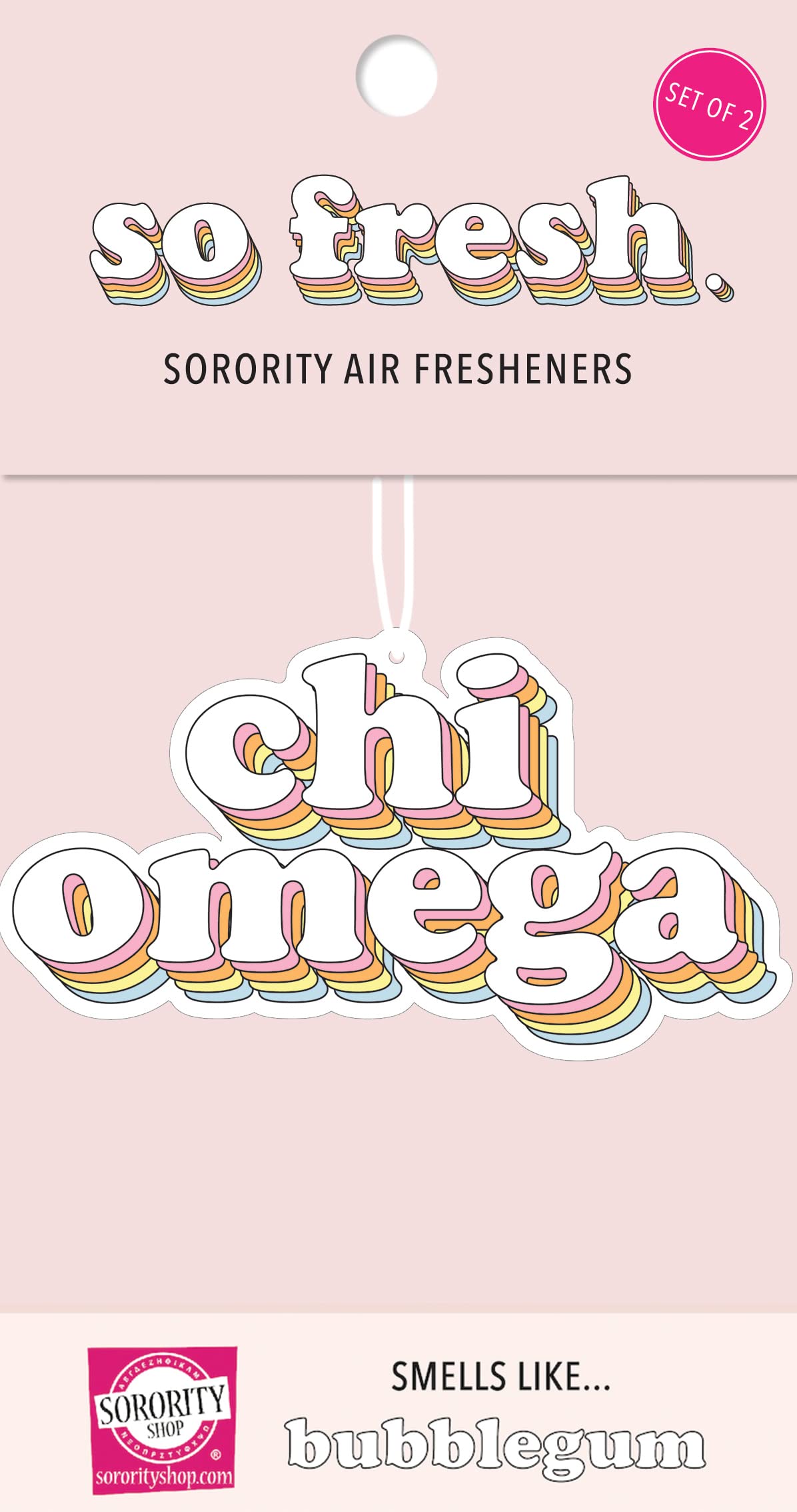 Chi Omega Bubblegum Scented Retro Air Freshener - Sorority Car & Dorm Accessory - Perfect Greek Life Gift for Sisters, Room Decor & Vehicle Fragrance