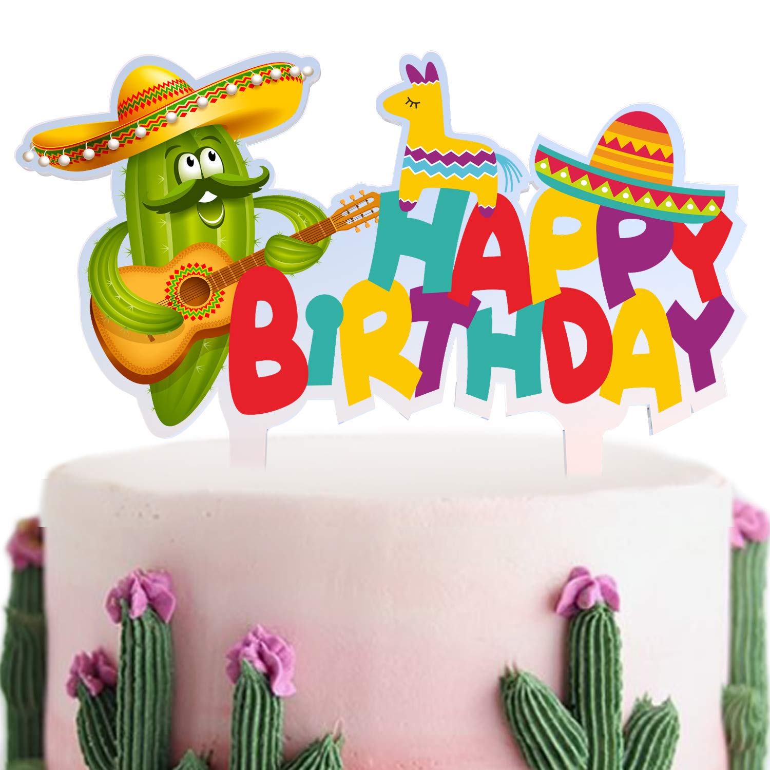 Acrylic Cactus Cake Topper - Happy Birthday & Mexican Fiesta Theme Party Decor for Baby Showers, Birthdays & Celebrations - Perfect for Desert-Themed Events, Cinco de Mayo Parties & Southwest Decor