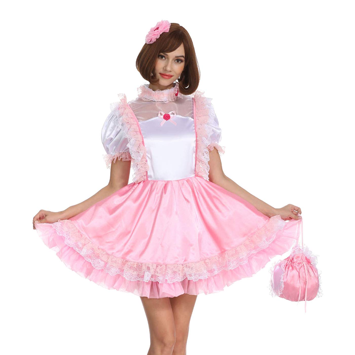 Sexy Pink and White Satin French Maid Dress with Ruffled Sleeves - Women's Crossdressing Costume for Cosplay, Halloween & Role Play