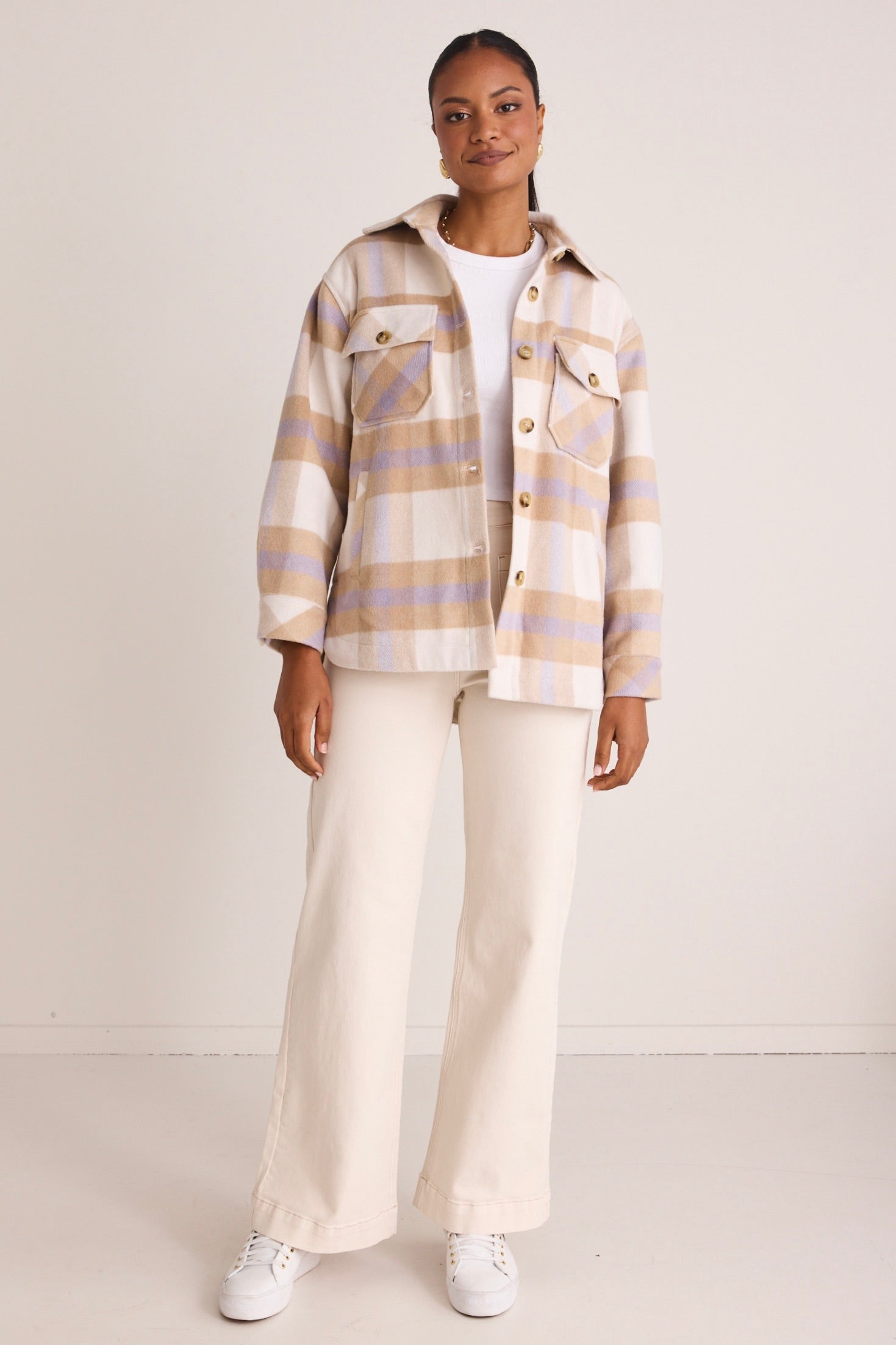 Oslo Tan Purple Check Shacket - Stylish Overshirt for Men & Women | Perfect for Fall & Winter Layering, Outdoor Adventures & Casual Wear