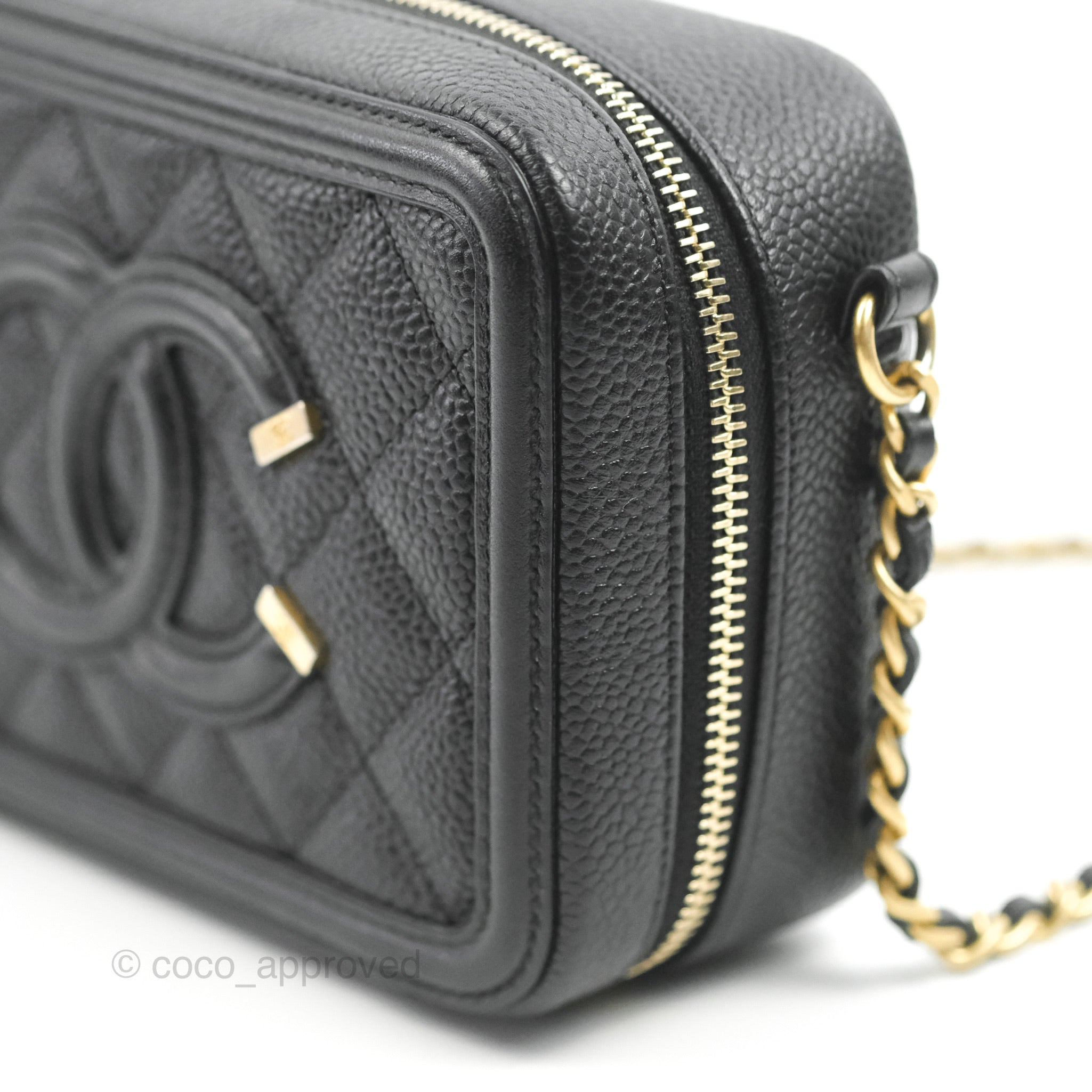 Chanel CC Filigree Vanity Clutch with Chain - Caviar Black Leather with Aged Gold Hardware - Perfect for Evening Events, Parties & Luxury Gift Giving