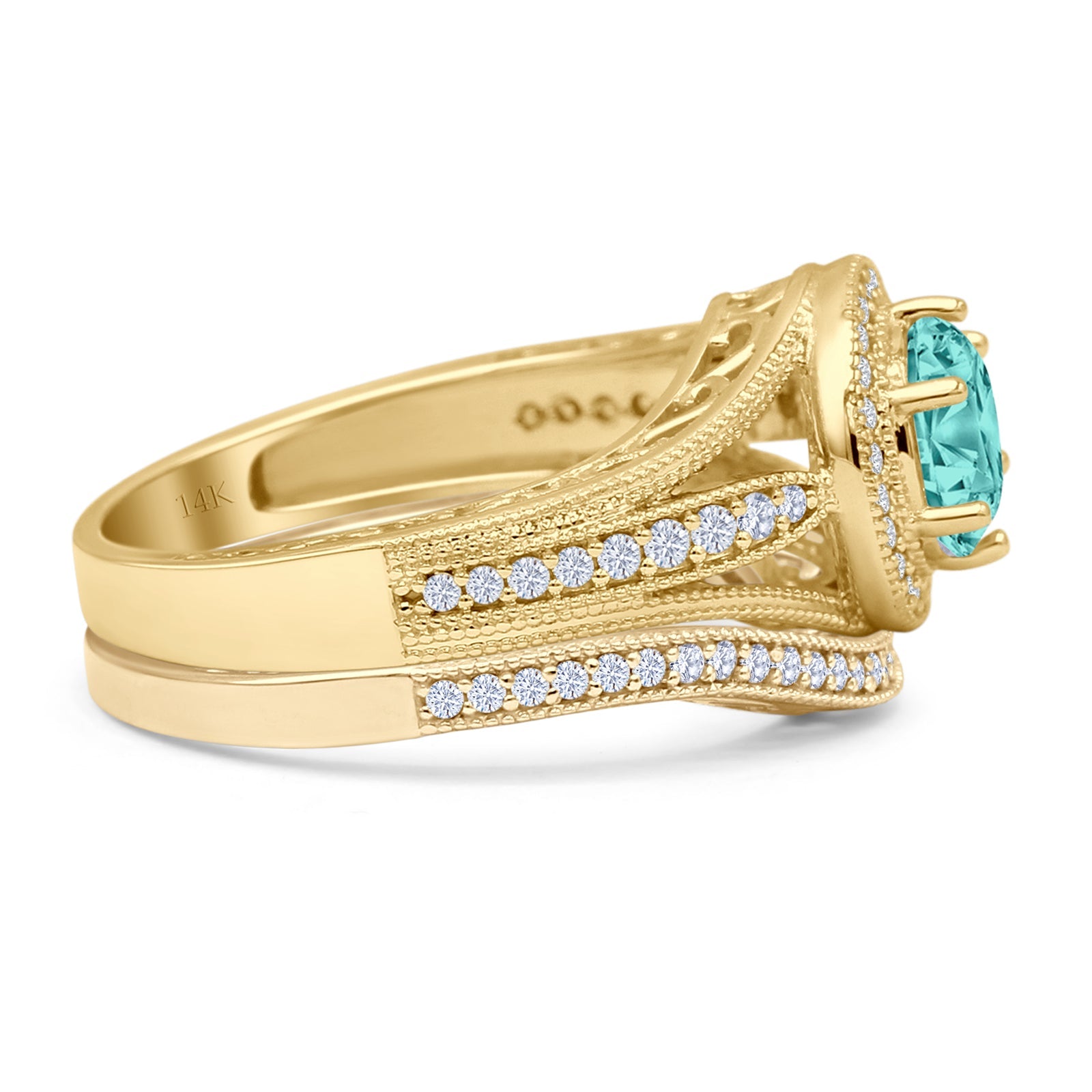 14K Yellow Gold Two-Tone Round Halo Split Shank Paraiba Tourmaline CZ Engagement Ring for Women - Perfect for Weddings, Anniversaries & Special Occasions